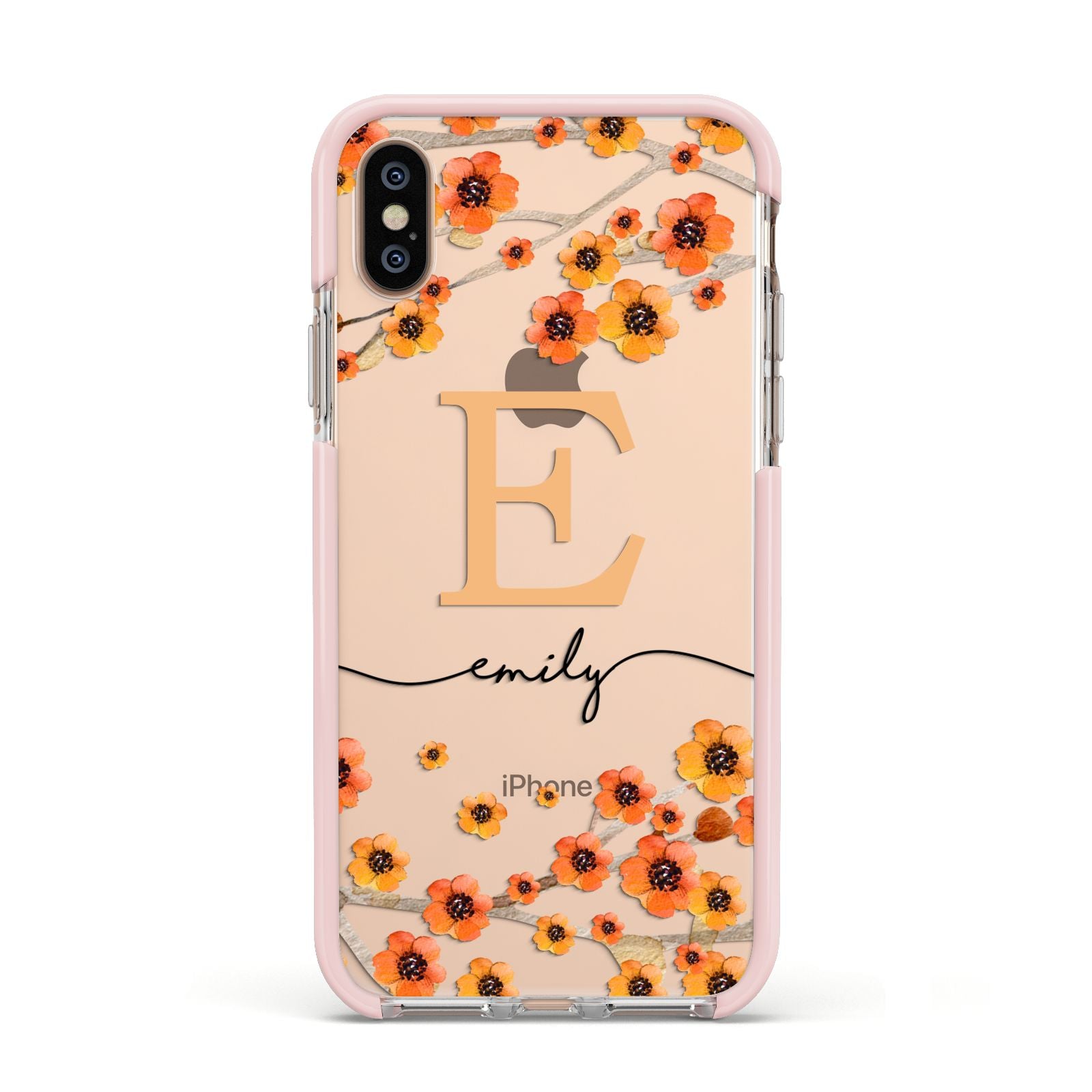 Personalised Orange Flowers Apple iPhone Xs Impact Case Pink Edge on Gold Phone