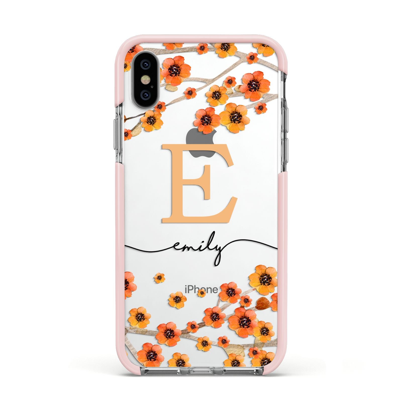 Personalised Orange Flowers Apple iPhone Xs Impact Case Pink Edge on Silver Phone