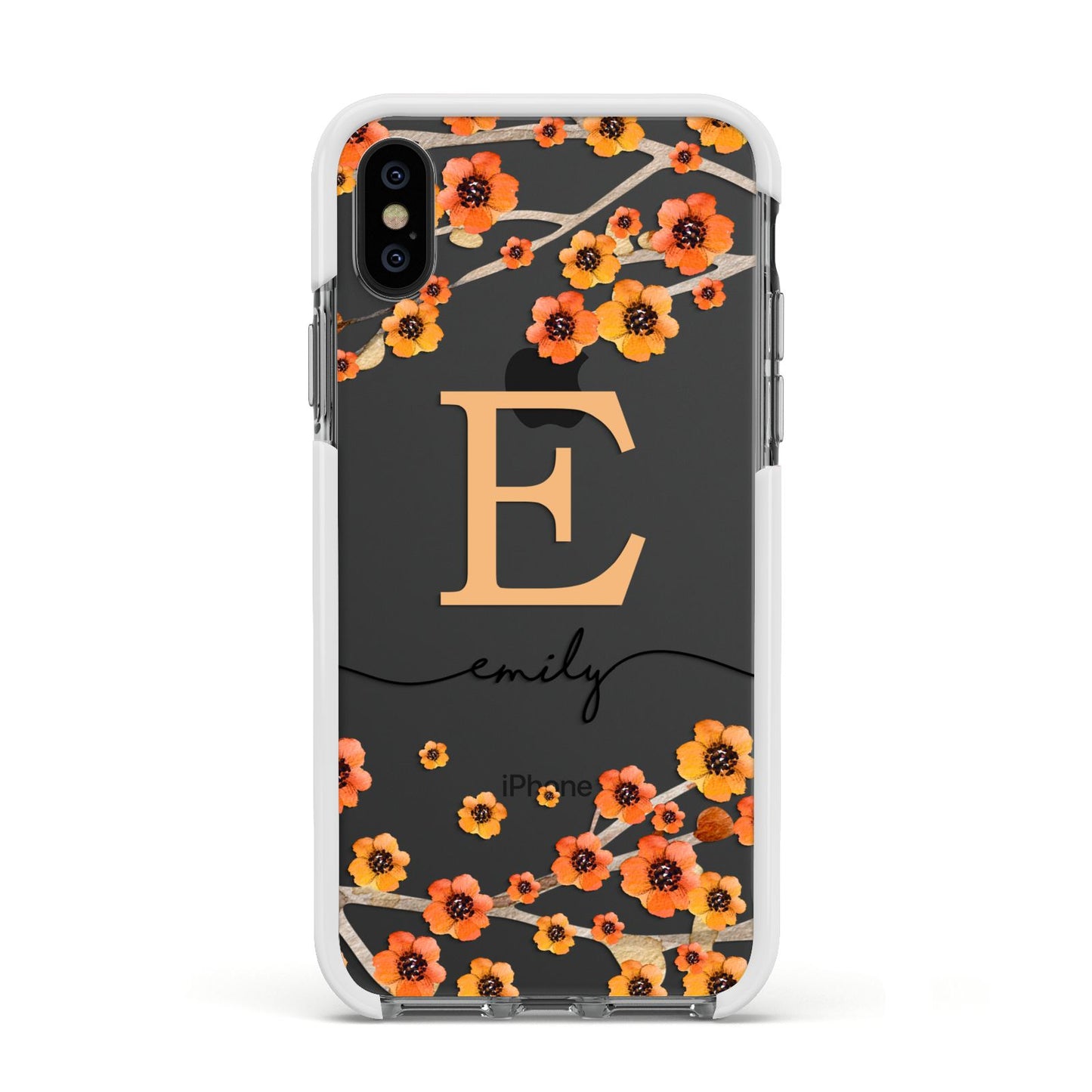 Personalised Orange Flowers Apple iPhone Xs Impact Case White Edge on Black Phone