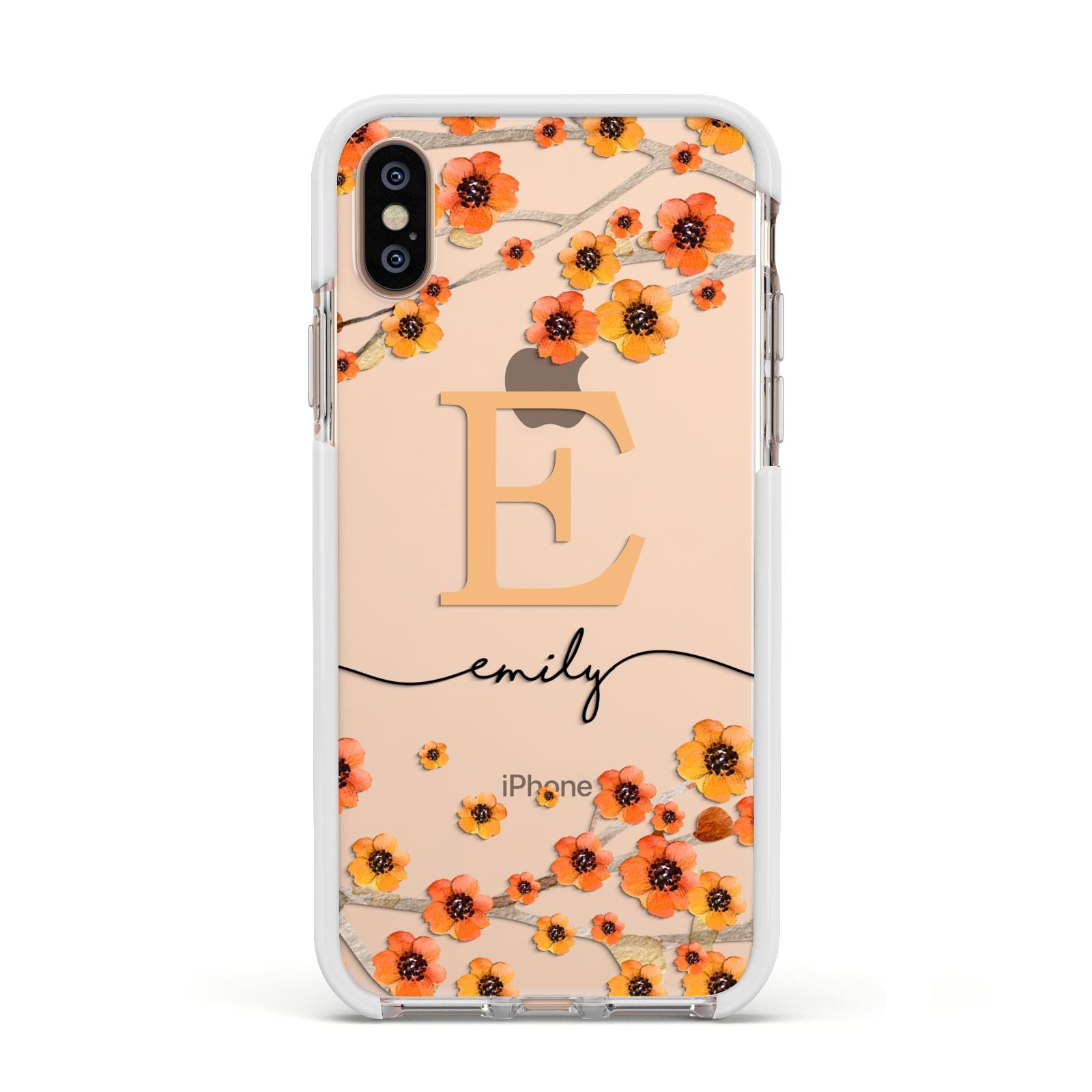 Personalised Orange Flowers Apple iPhone Xs Impact Case White Edge on Gold Phone