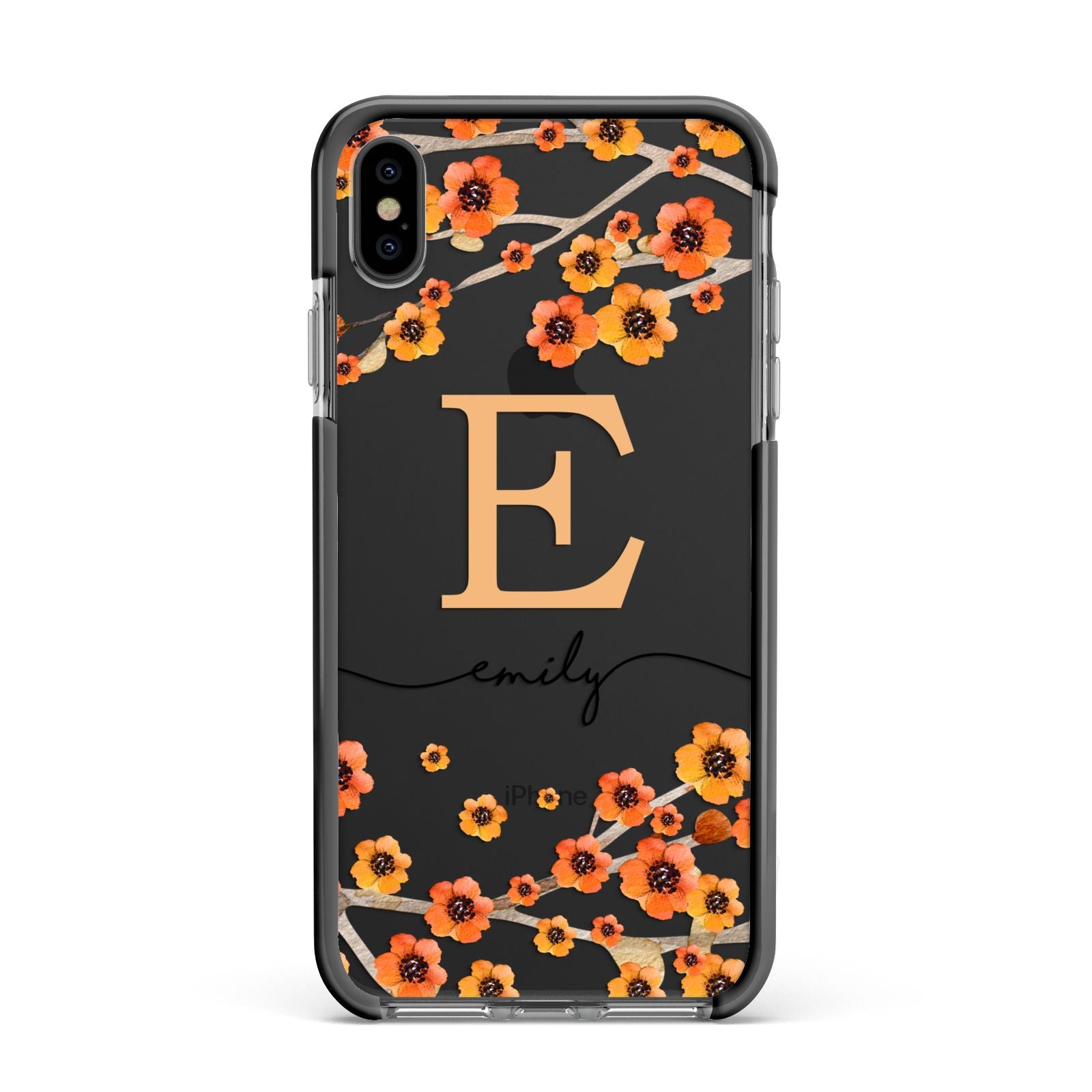 Personalised Orange Flowers Apple iPhone Xs Max Impact Case Black Edge on Black Phone