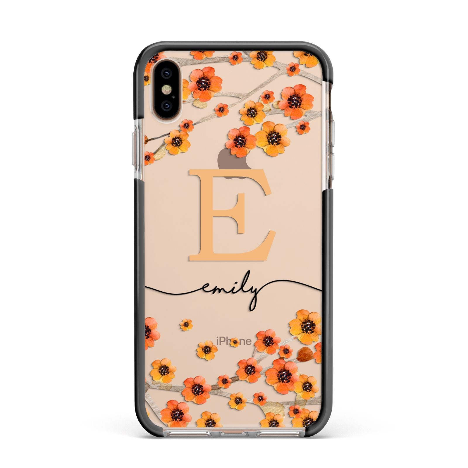 Personalised Orange Flowers Apple iPhone Xs Max Impact Case Black Edge on Gold Phone
