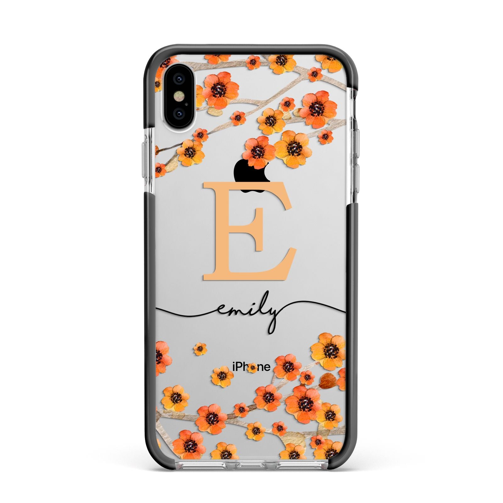 Personalised Orange Flowers Apple iPhone Xs Max Impact Case Black Edge on Silver Phone