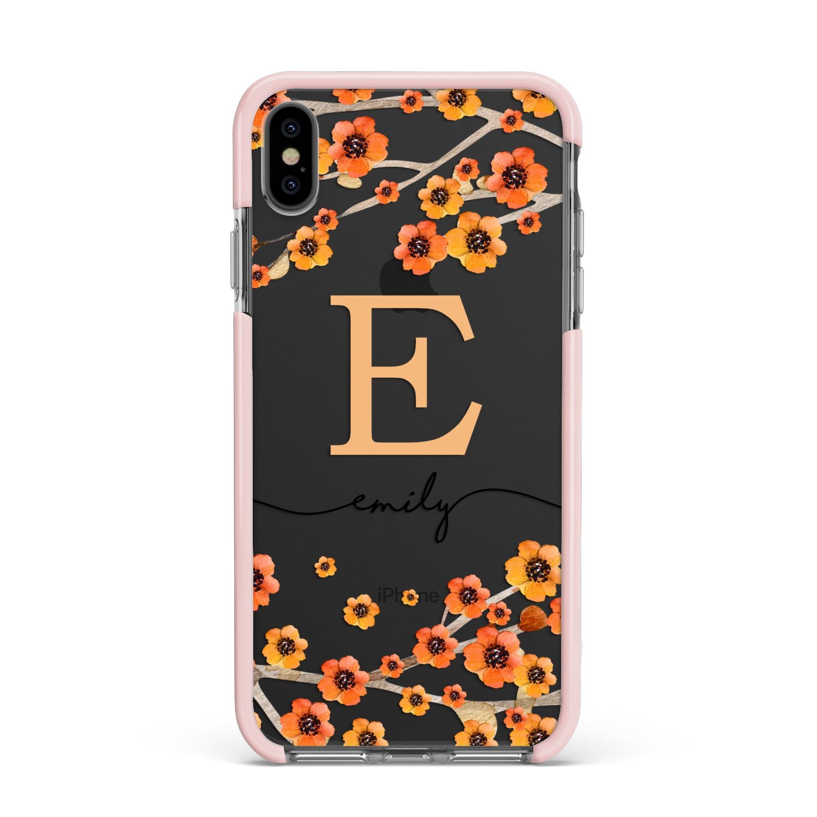 Personalised Orange Flowers Apple iPhone Xs Max Impact Case Pink Edge on Black Phone