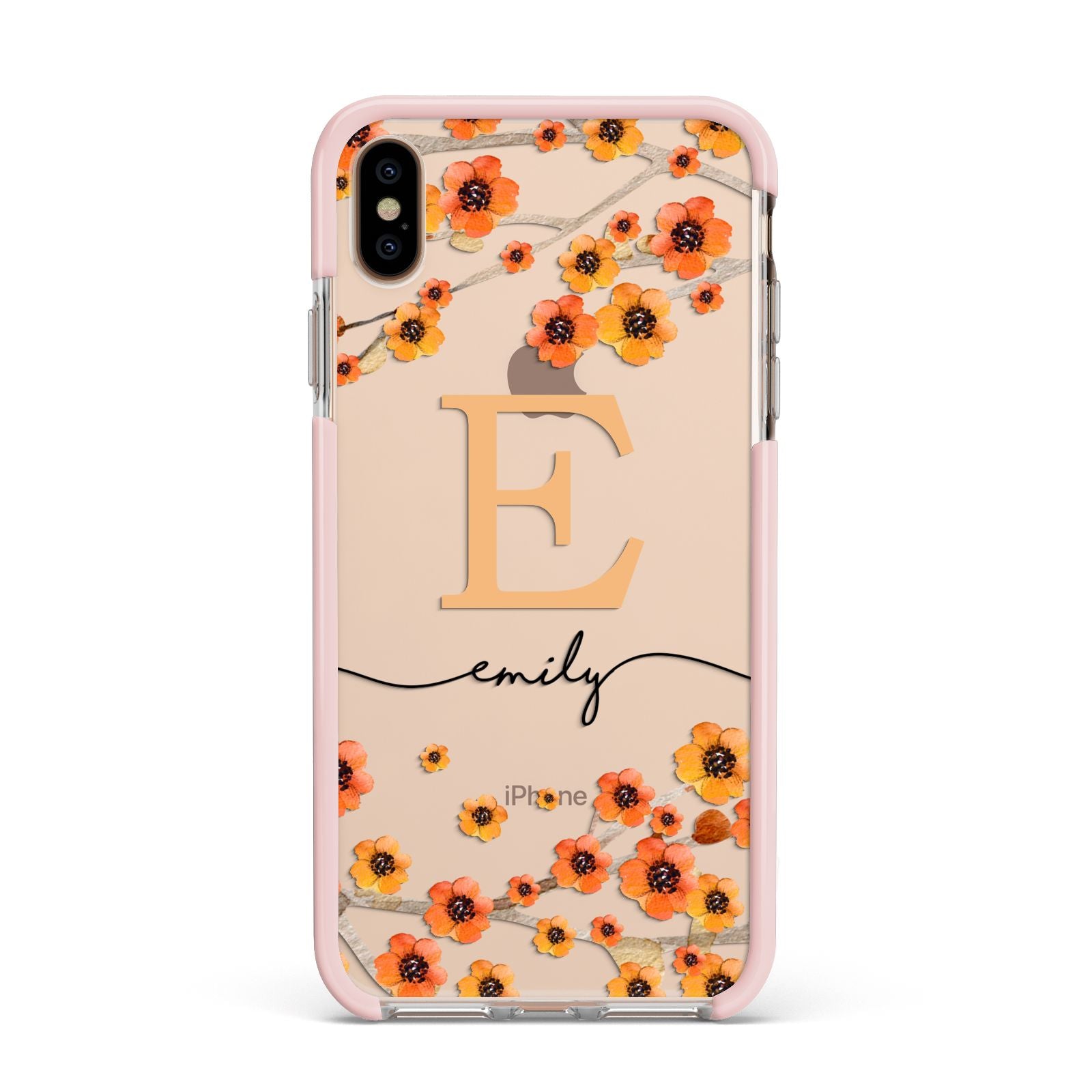 Personalised Orange Flowers Apple iPhone Xs Max Impact Case Pink Edge on Gold Phone