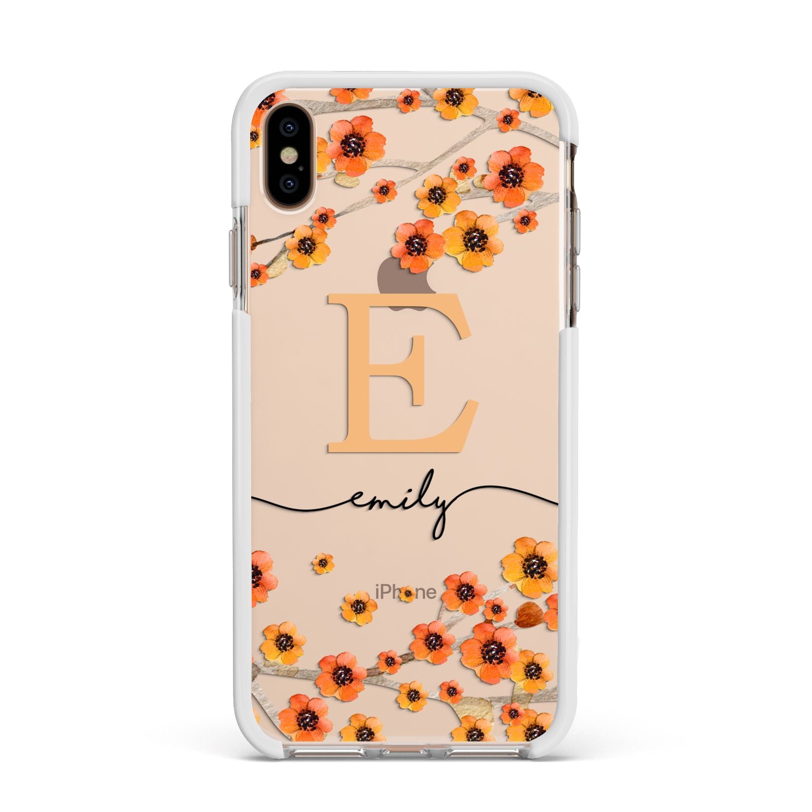 Personalised Orange Flowers Apple iPhone Xs Max Impact Case White Edge on Gold Phone