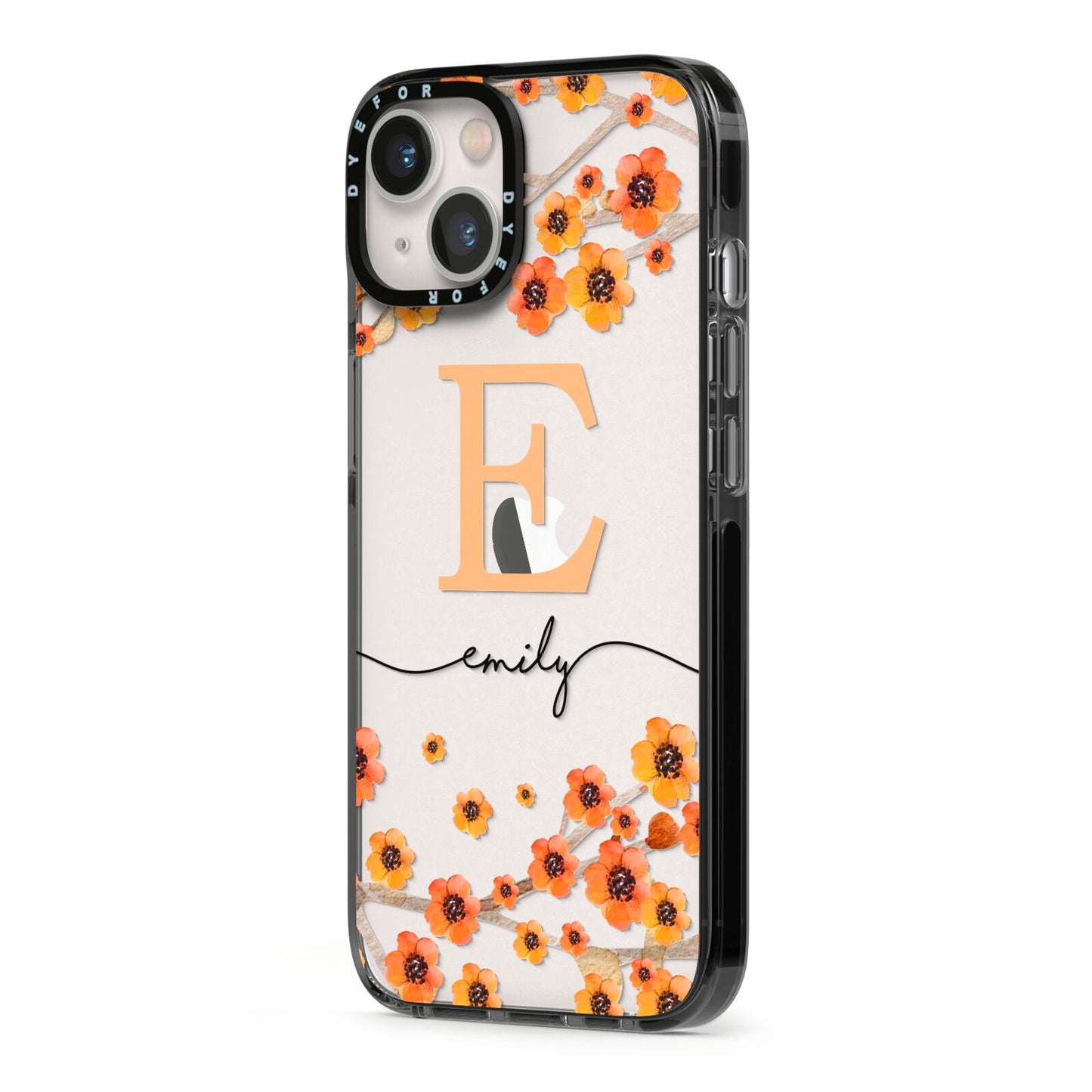 Personalised Orange Flowers iPhone 13 Black Impact Case Side Angle on Silver phone