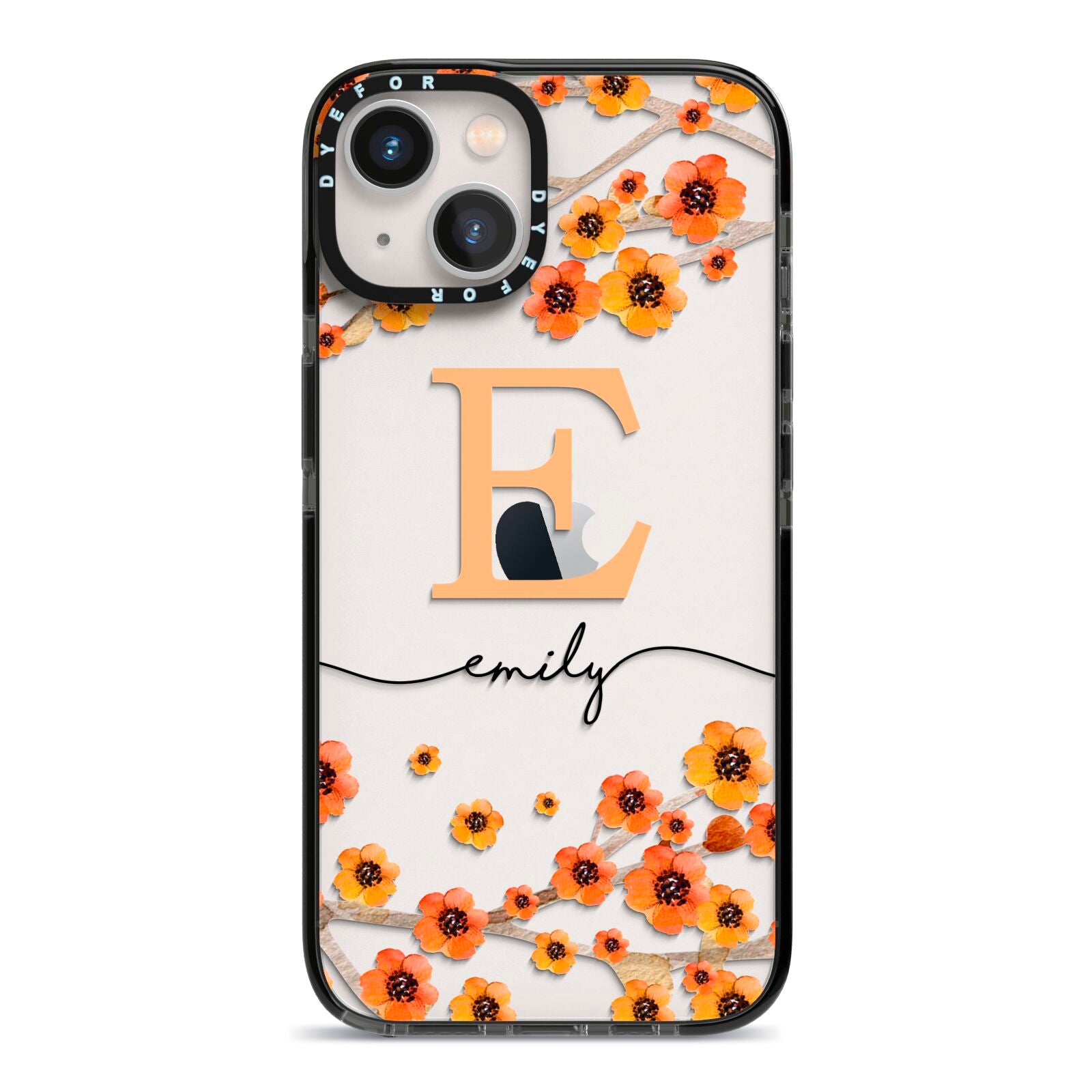 Personalised Orange Flowers iPhone 13 Black Impact Case on Silver phone