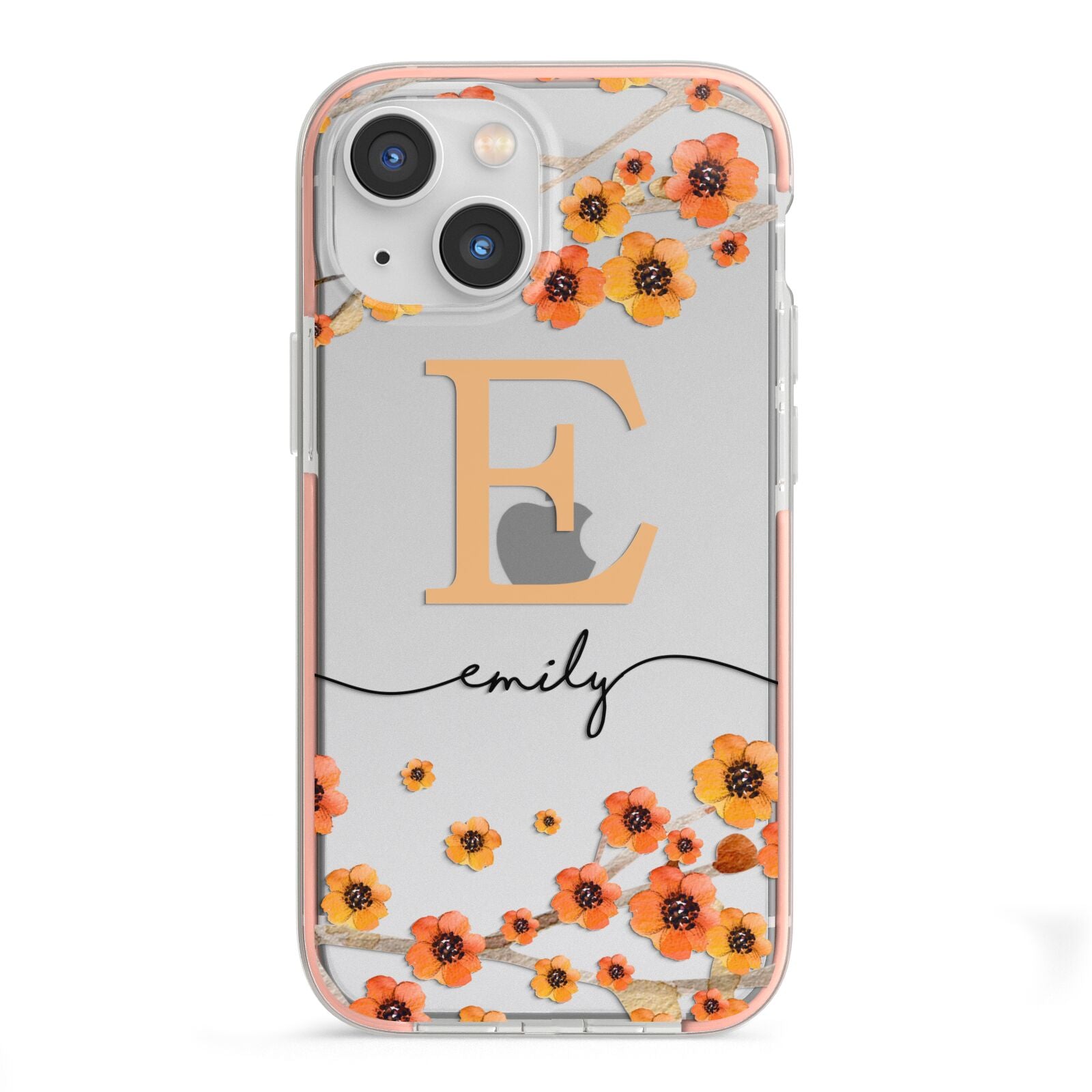 Personalised Orange Flowers iPhone 13 Mini TPU Impact Case with Pink Edges
