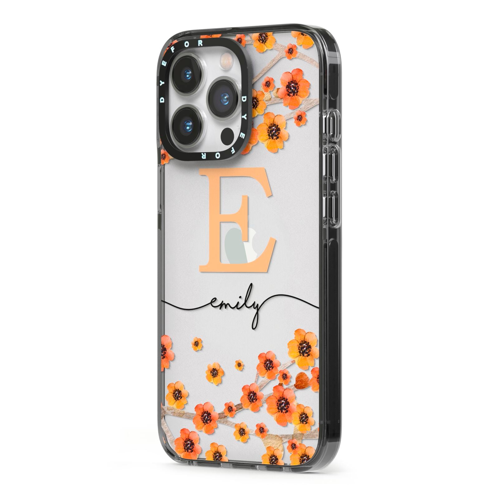 Personalised Orange Flowers iPhone 13 Pro Black Impact Case Side Angle on Silver phone