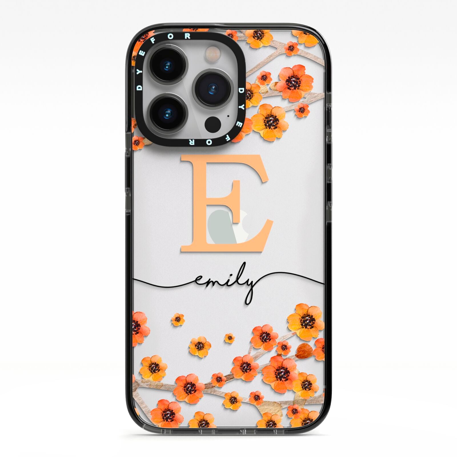 Personalised Orange Flowers iPhone 13 Pro Black Impact Case on Silver phone