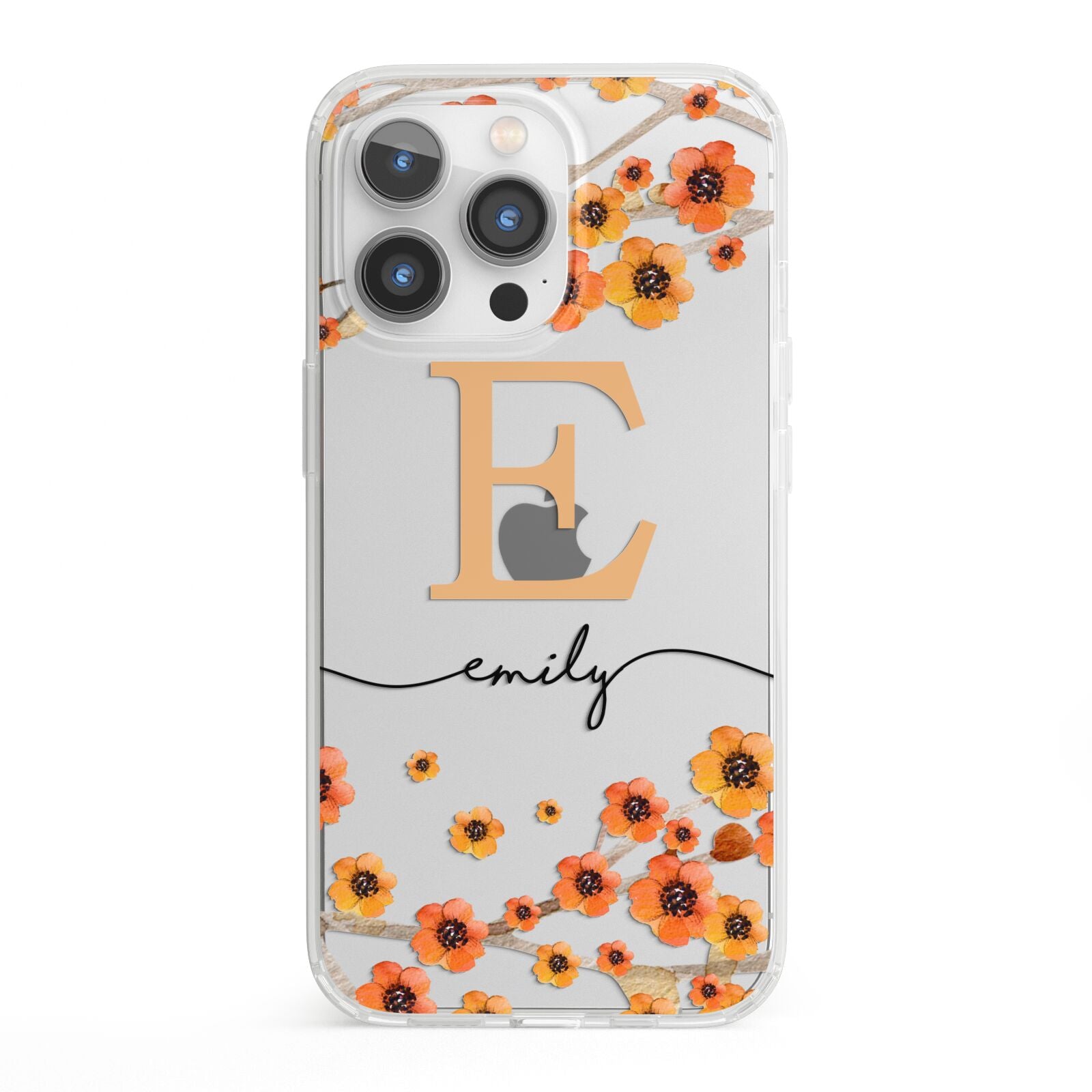 Personalised Orange Flowers iPhone 13 Pro Clear Bumper Case