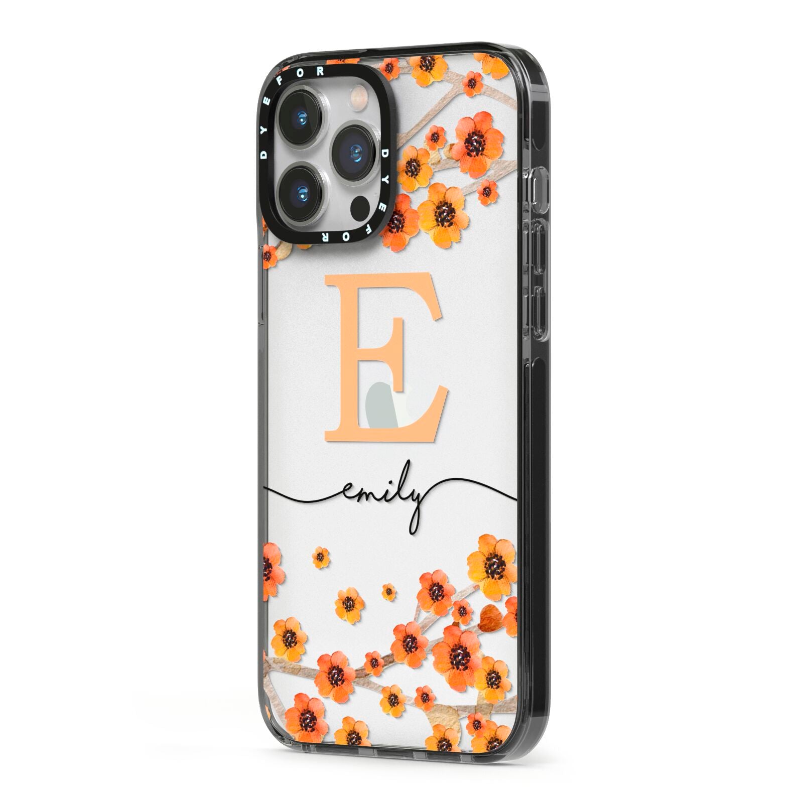 Personalised Orange Flowers iPhone 13 Pro Max Black Impact Case Side Angle on Silver phone