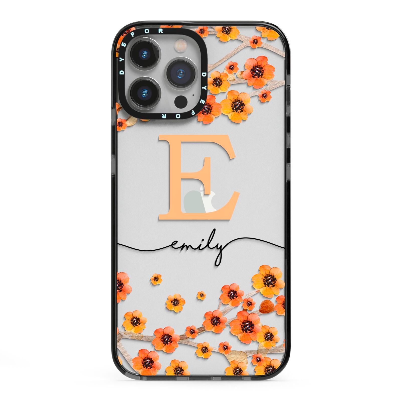 Personalised Orange Flowers iPhone 13 Pro Max Black Impact Case on Silver phone