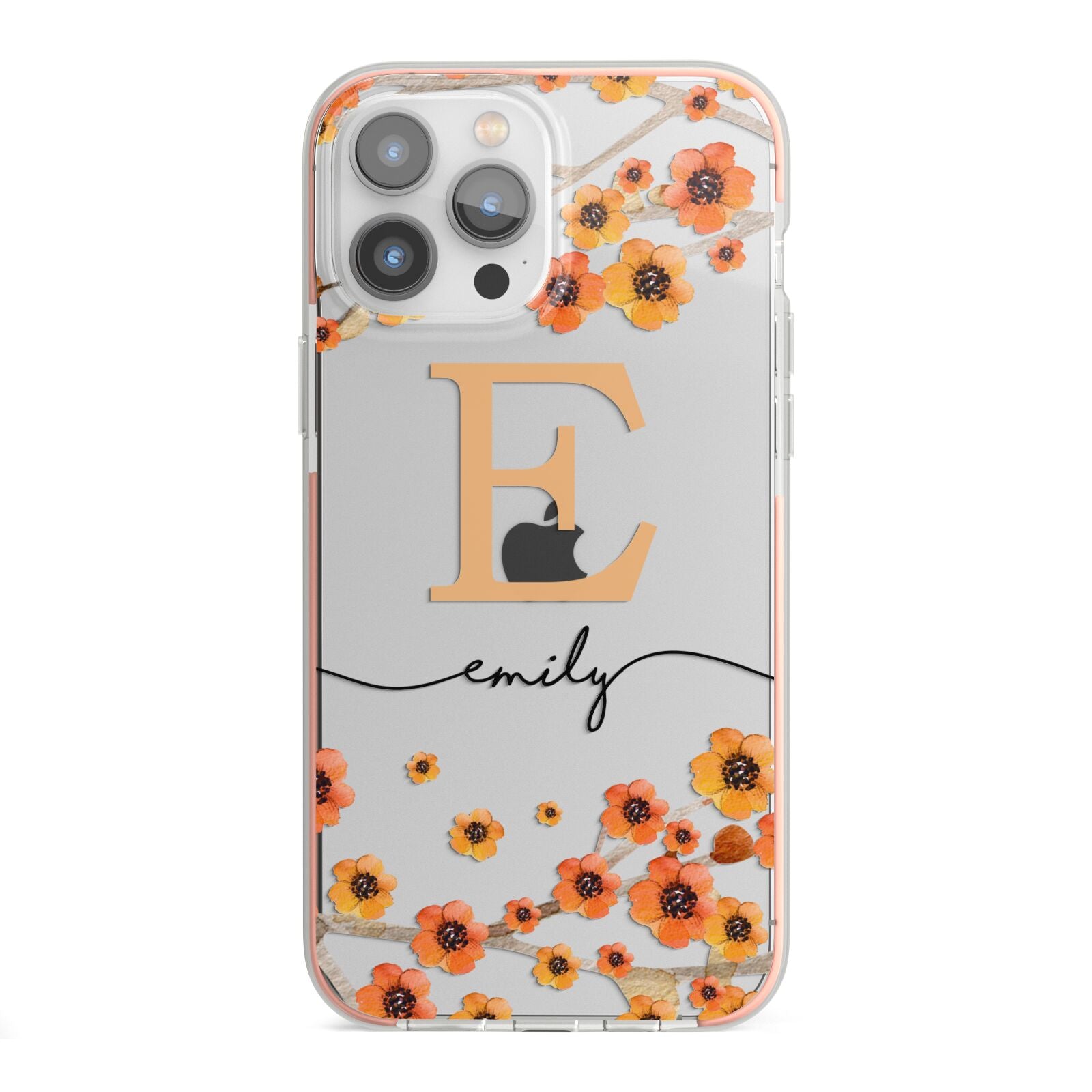 Personalised Orange Flowers iPhone 13 Pro Max TPU Impact Case with Pink Edges