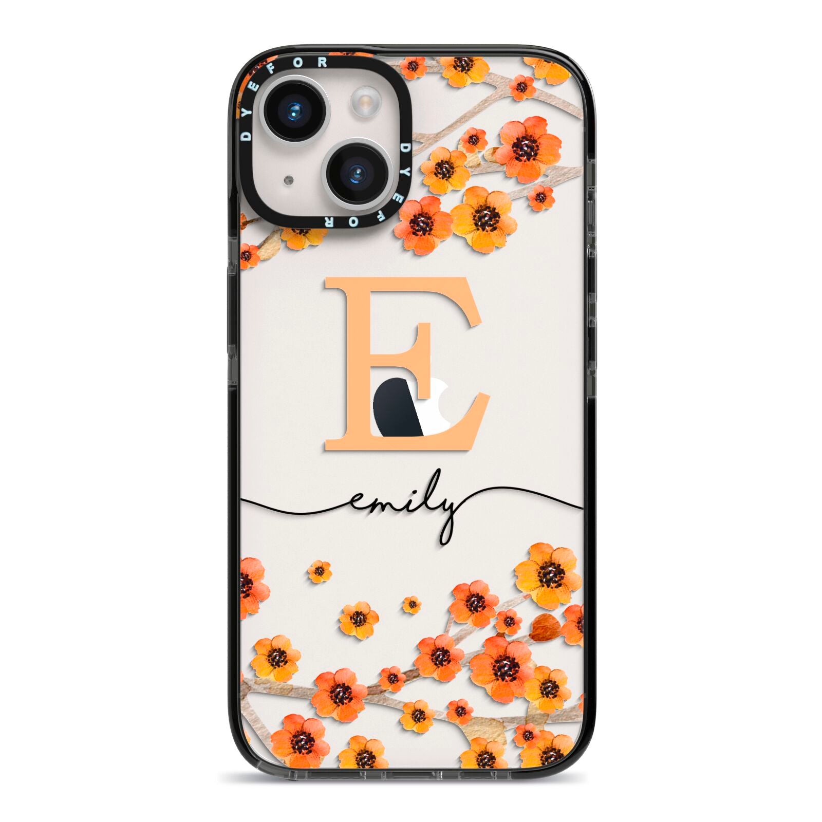 Personalised Orange Flowers iPhone 14 Black Impact Case on Silver phone