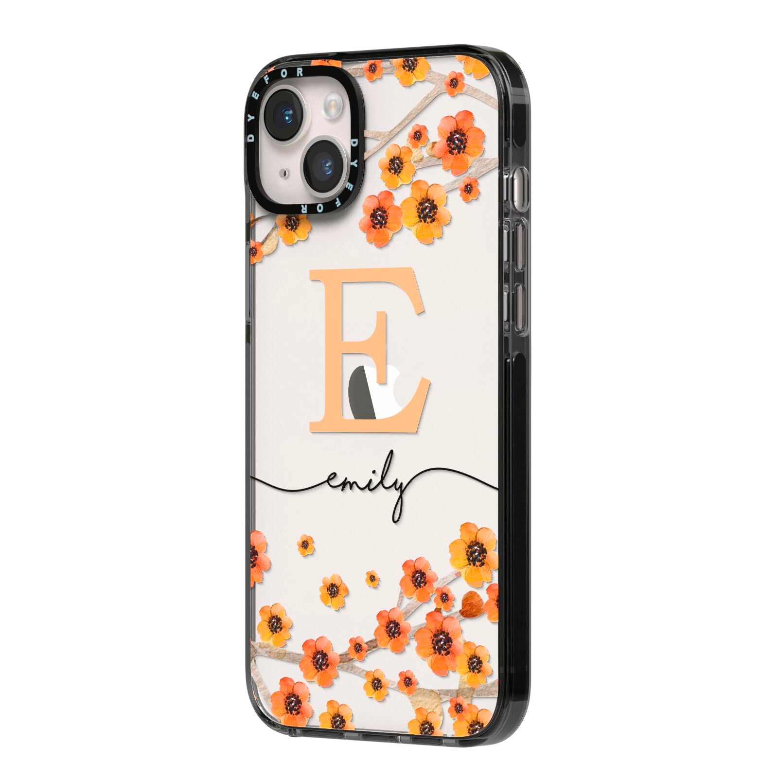 Personalised Orange Flowers iPhone 14 Plus Black Impact Case Side Angle on Silver phone