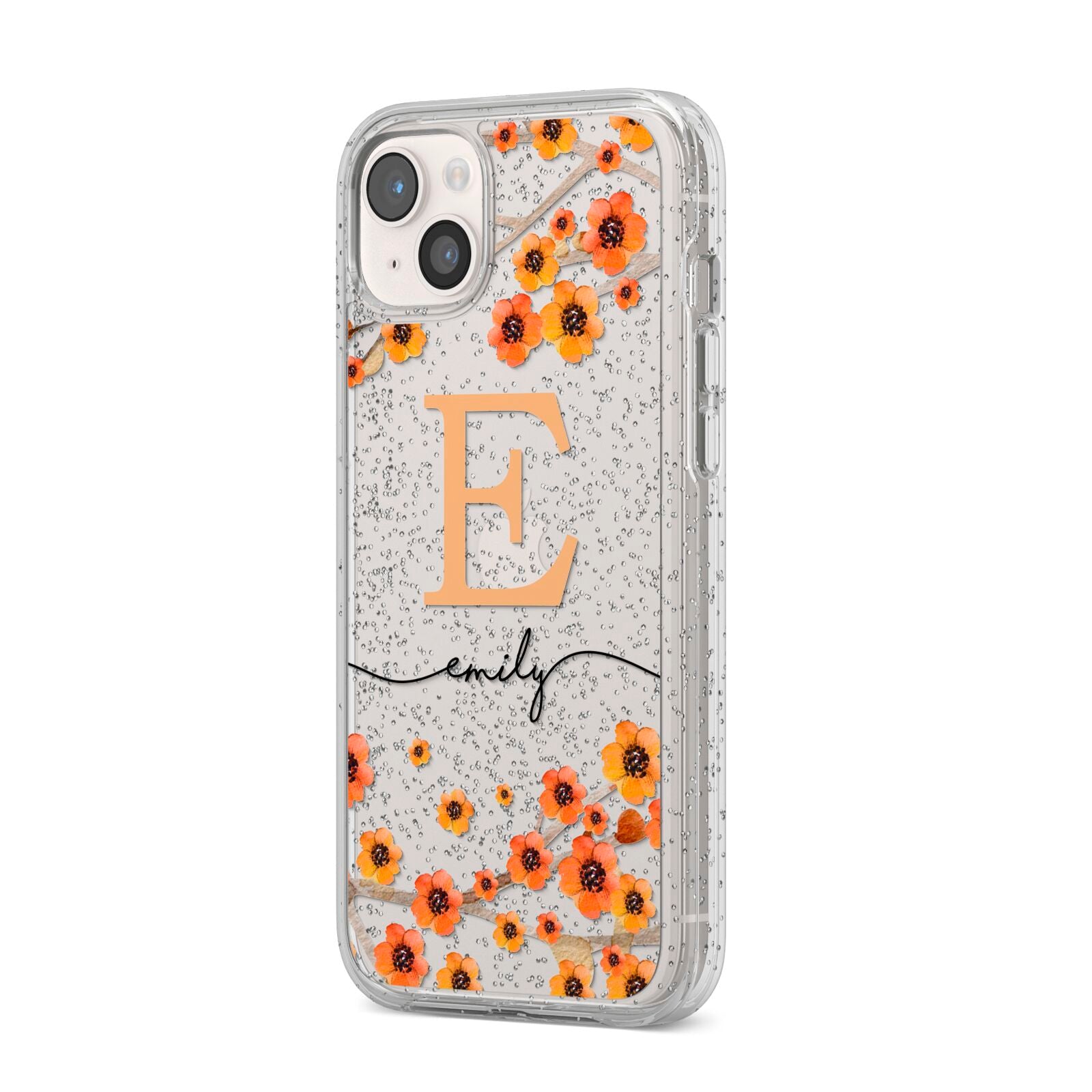 Personalised Orange Flowers iPhone 14 Plus Glitter Tough Case Starlight Angled Image