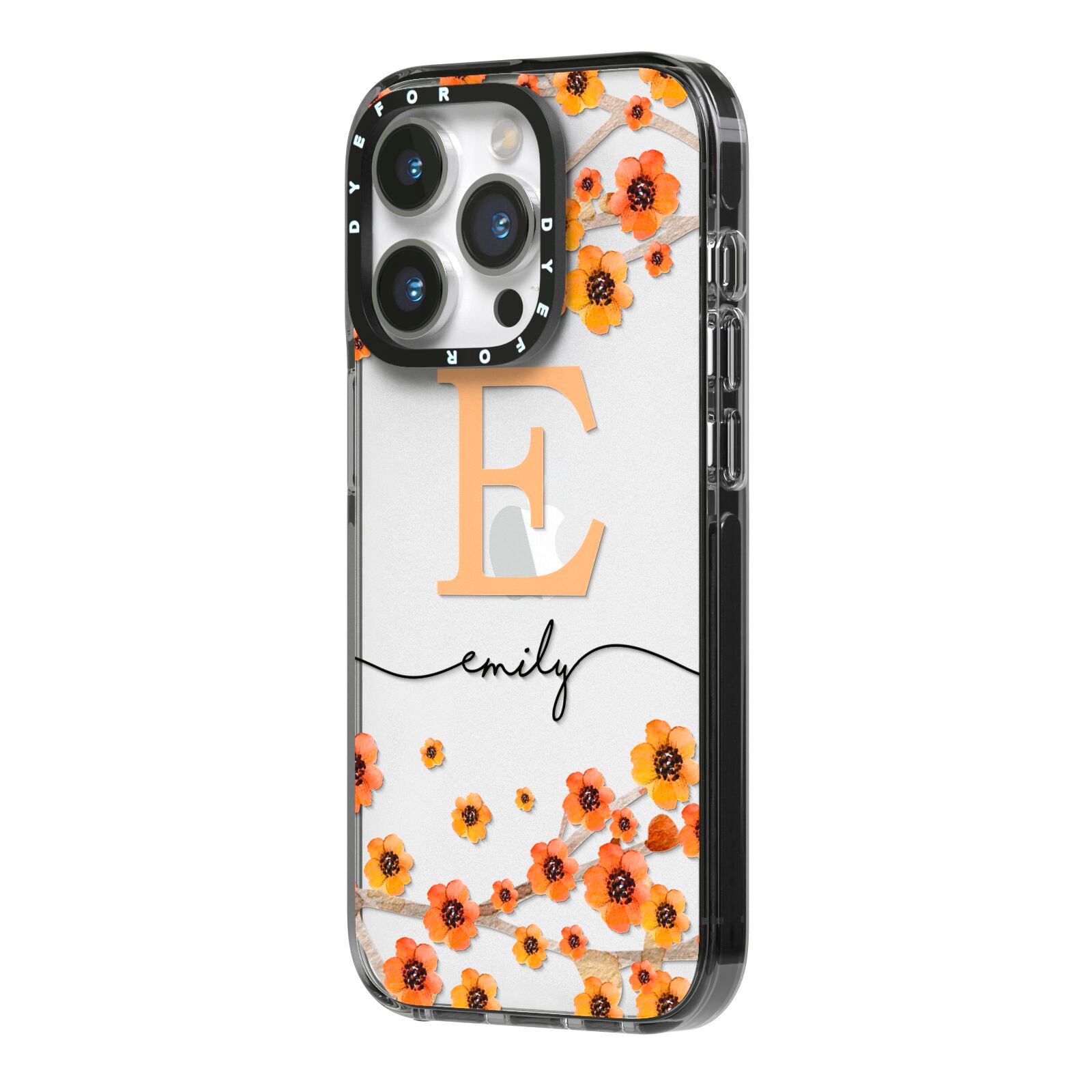 Personalised Orange Flowers iPhone 14 Pro Black Impact Case Side Angle on Silver phone