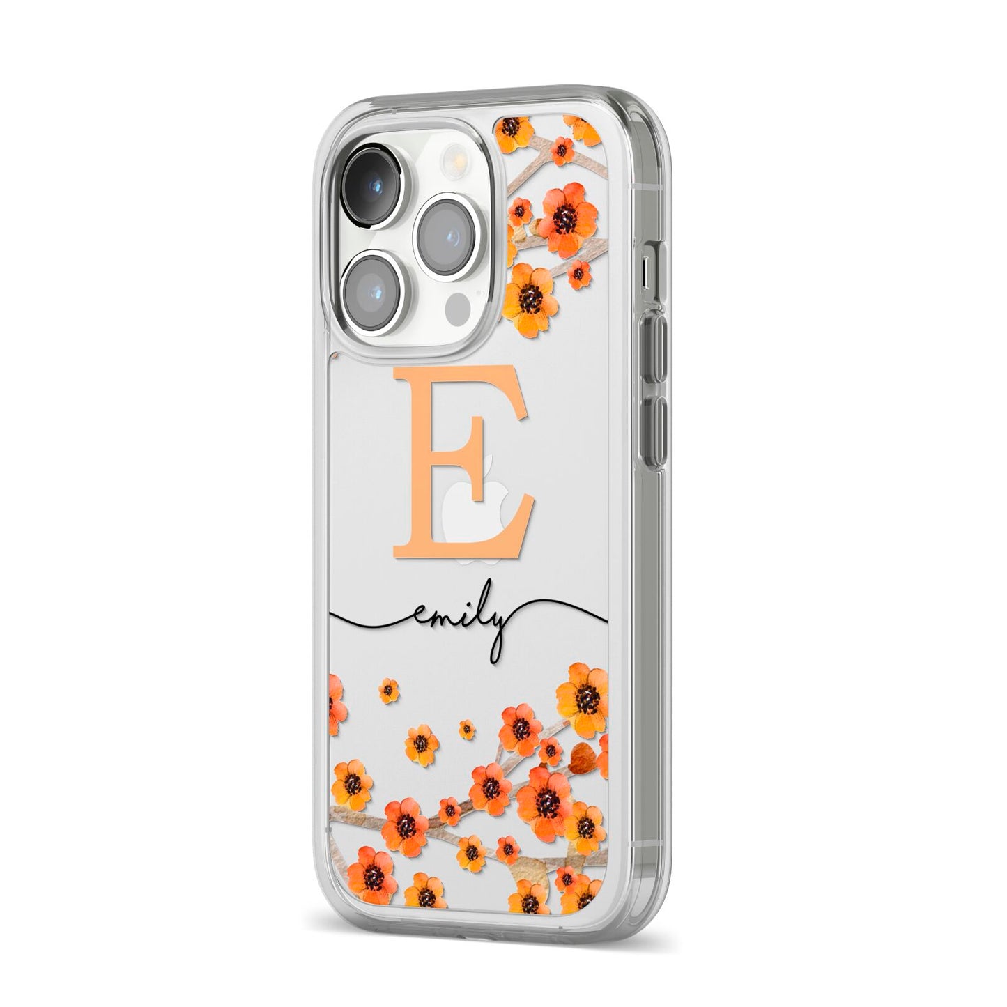Personalised Orange Flowers iPhone 14 Pro Clear Tough Case Silver Angled Image