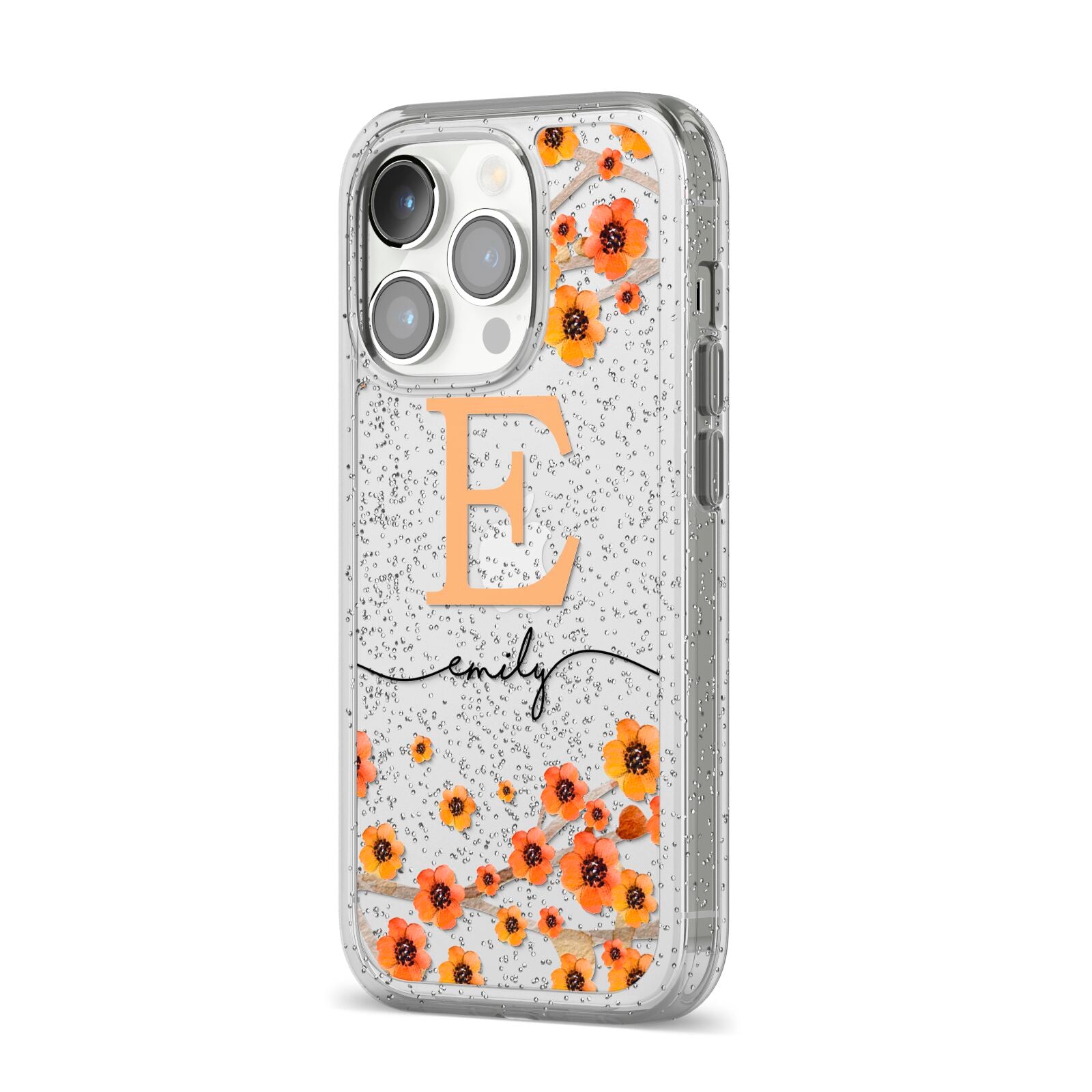 Personalised Orange Flowers iPhone 14 Pro Glitter Tough Case Silver Angled Image