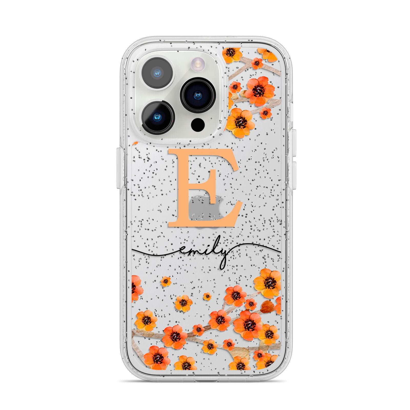 Personalised Orange Flowers iPhone 14 Pro Glitter Tough Case Silver