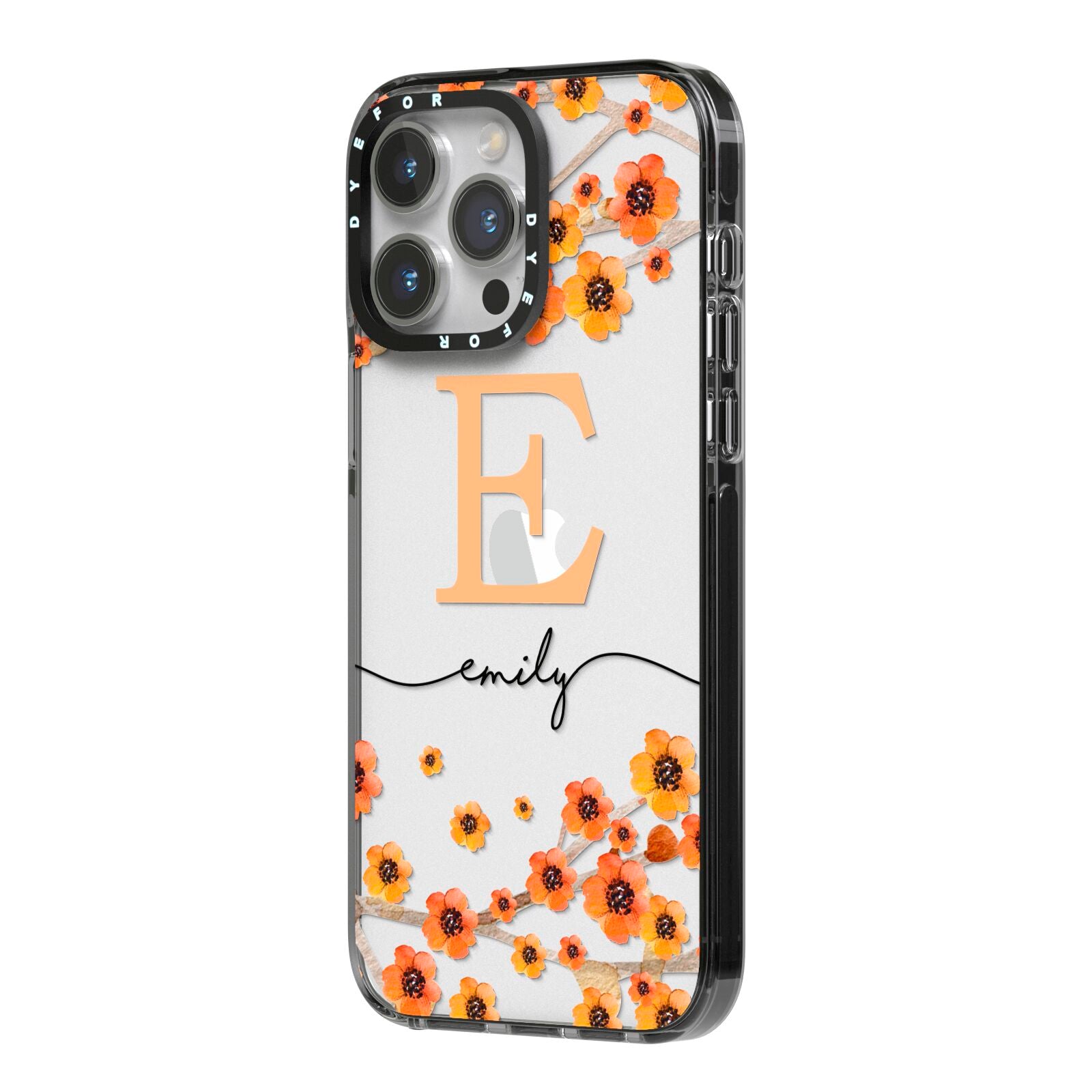 Personalised Orange Flowers iPhone 14 Pro Max Black Impact Case Side Angle on Silver phone