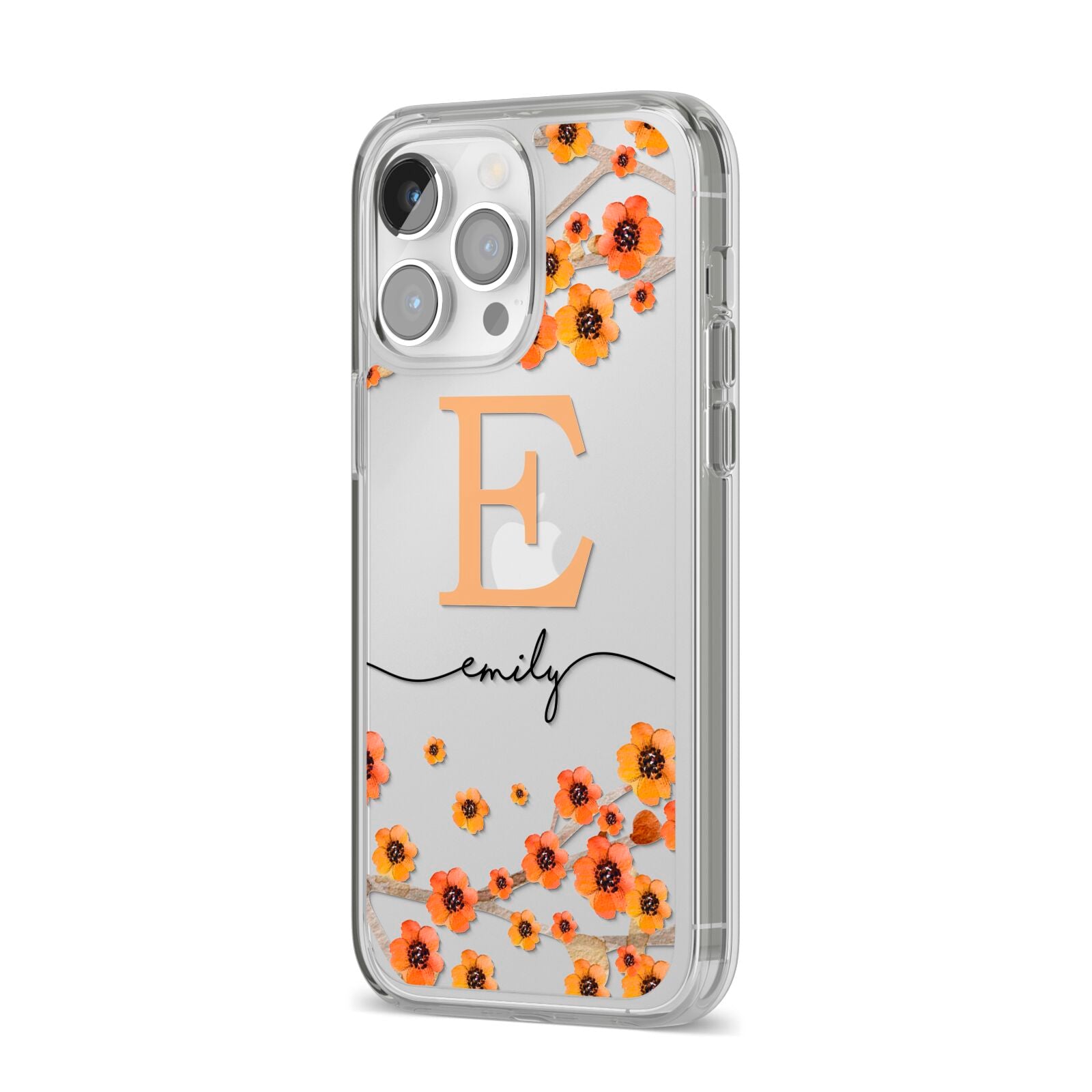 Personalised Orange Flowers iPhone 14 Pro Max Clear Tough Case Silver Angled Image