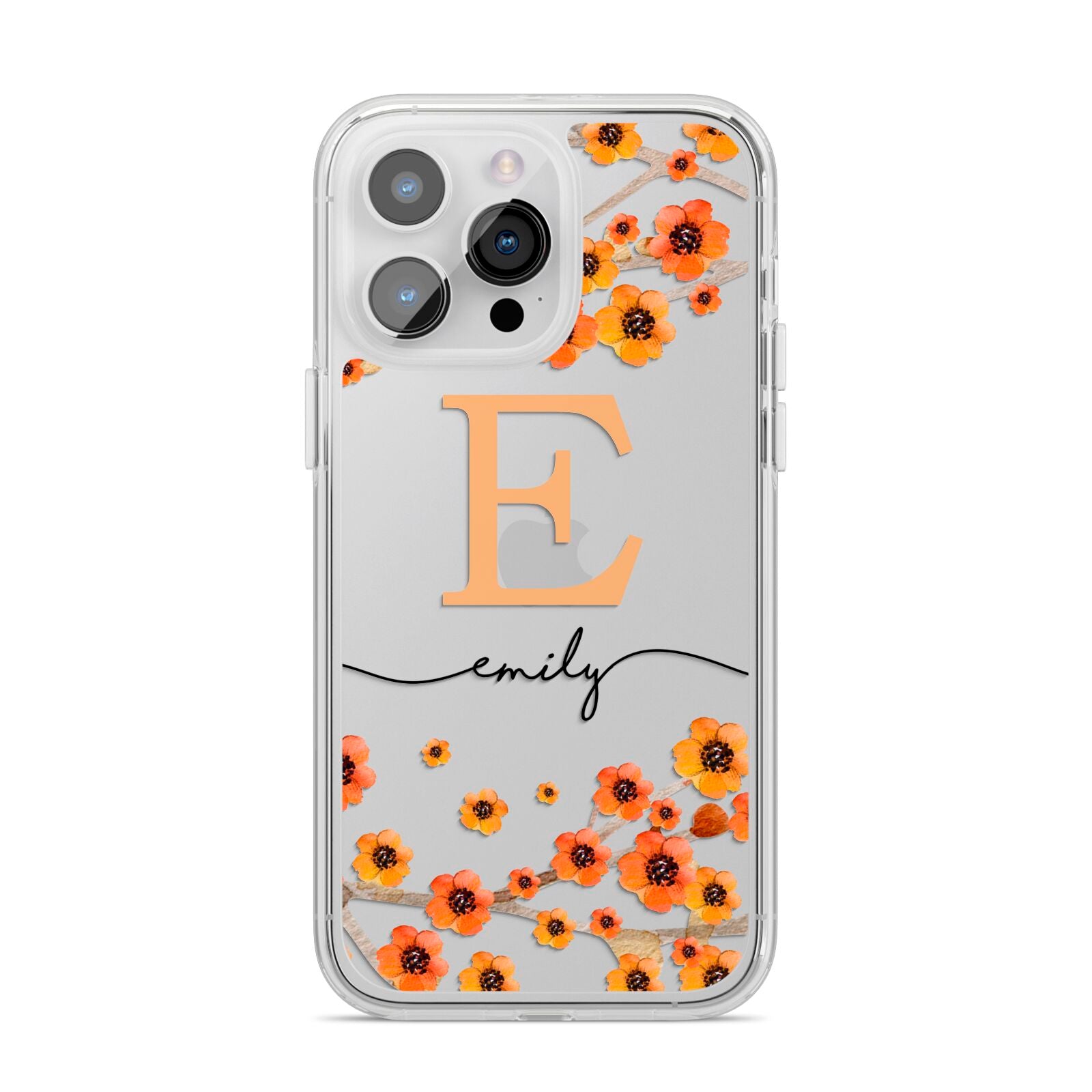 Personalised Orange Flowers iPhone 14 Pro Max Clear Tough Case Silver