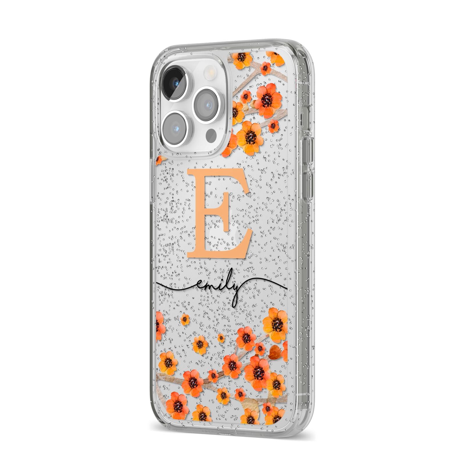 Personalised Orange Flowers iPhone 14 Pro Max Glitter Tough Case Silver Angled Image