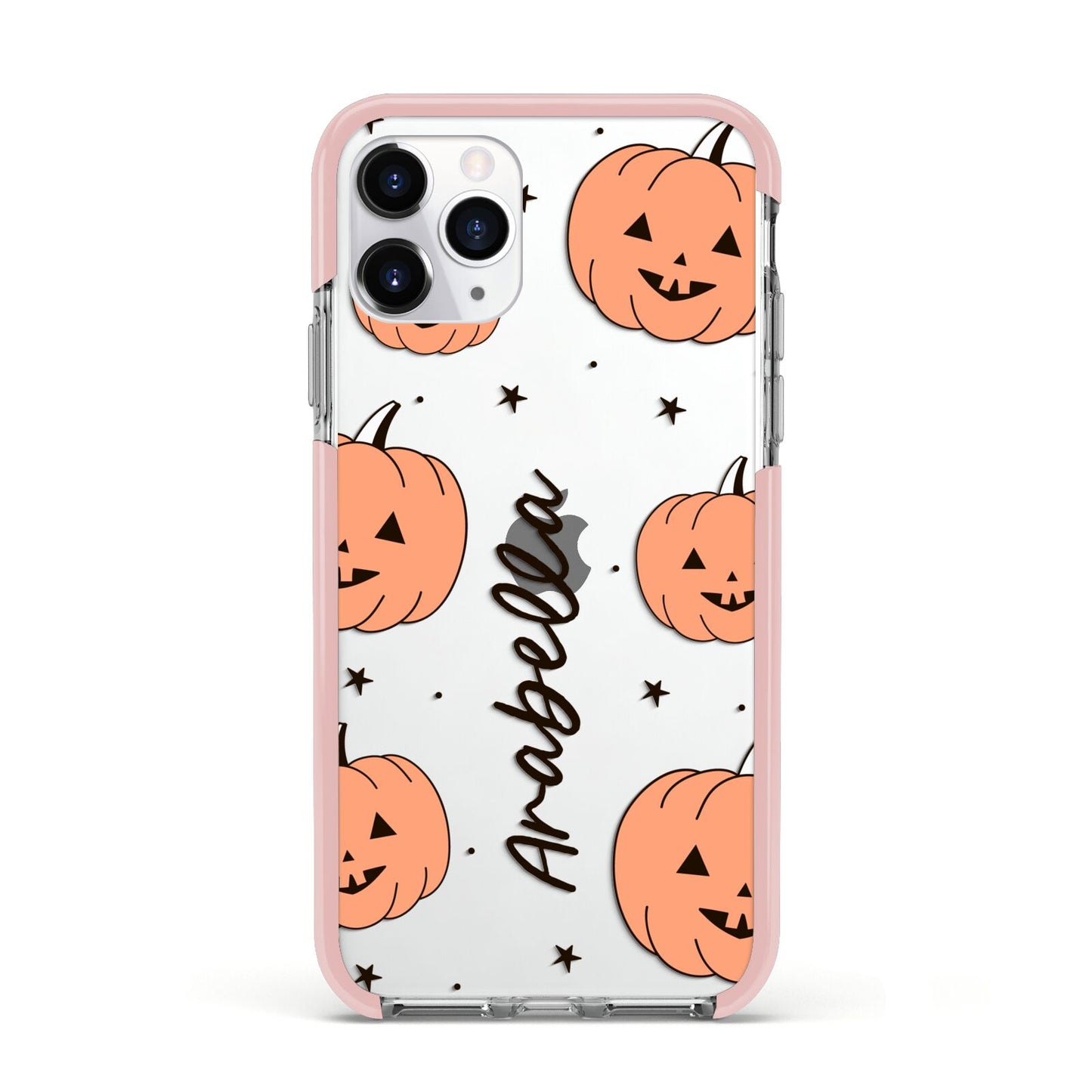 Personalised Orange Pumpkin Apple iPhone 11 Pro in Silver with Pink Impact Case