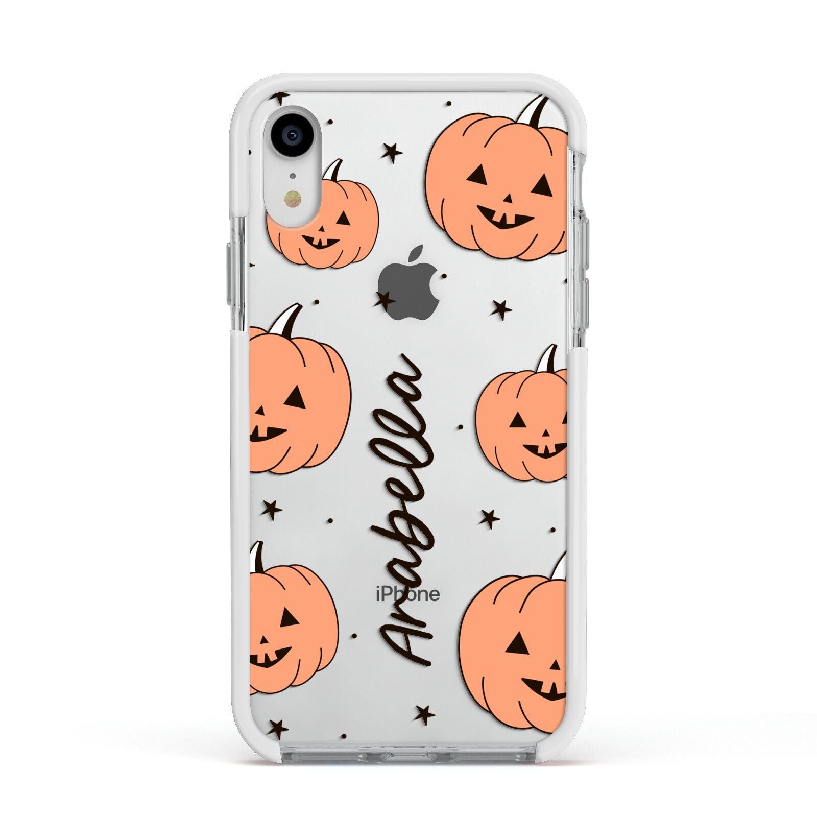 Personalised Orange Pumpkin Apple iPhone XR Impact Case White Edge on Silver Phone