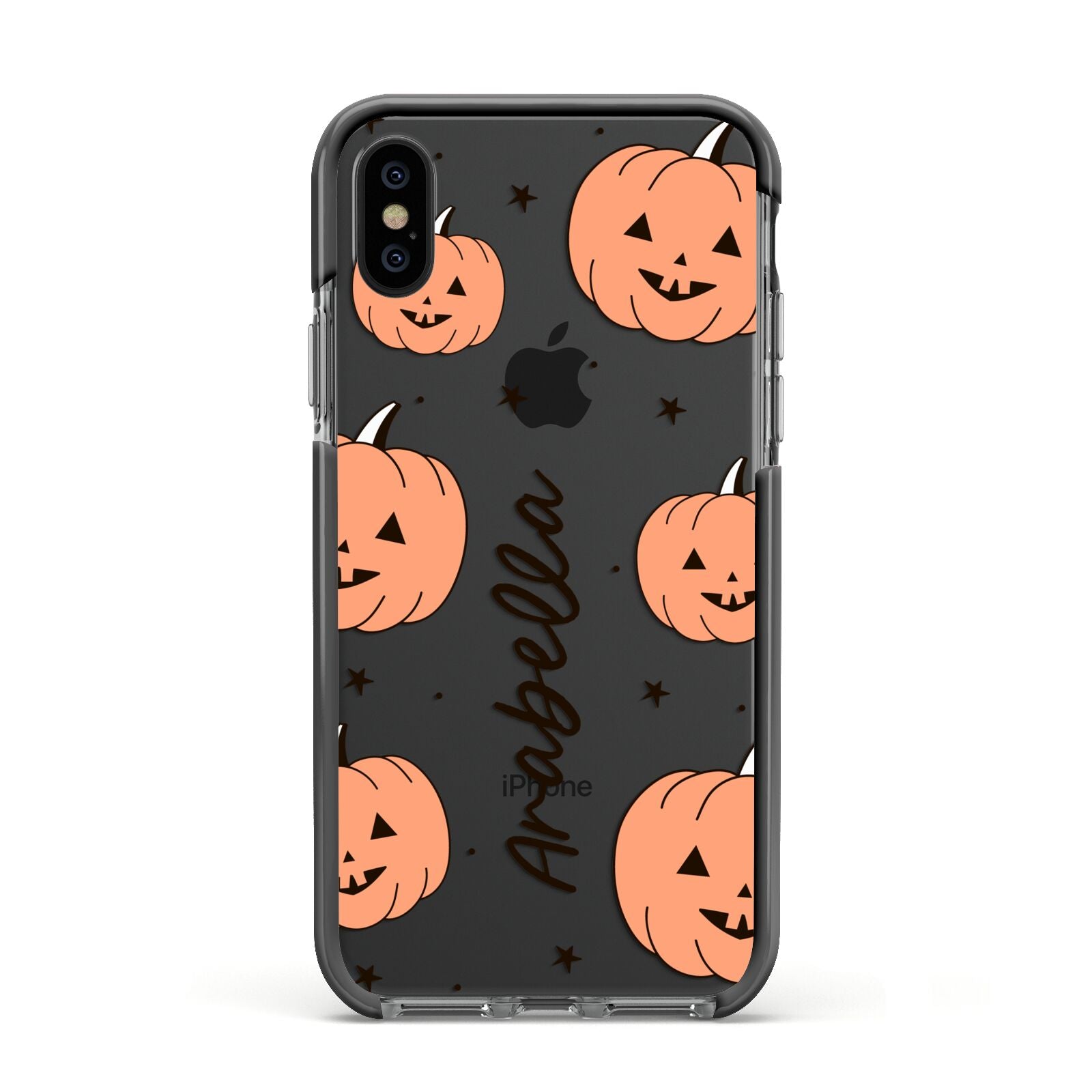 Personalised Orange Pumpkin Apple iPhone Xs Impact Case Black Edge on Black Phone