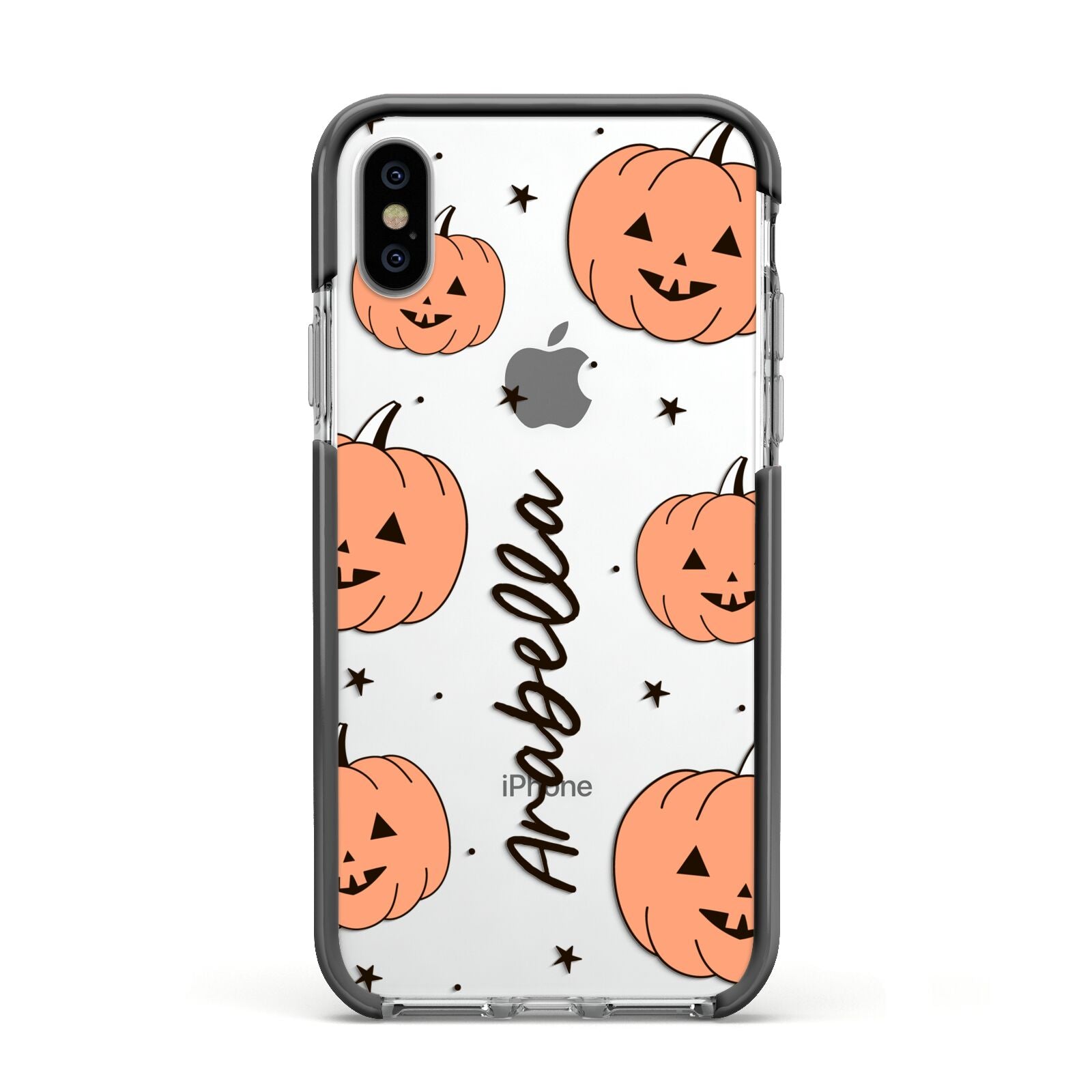 Personalised Orange Pumpkin Apple iPhone Xs Impact Case Black Edge on Silver Phone