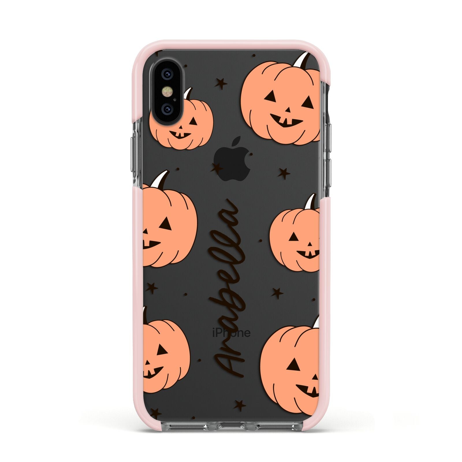 Personalised Orange Pumpkin Apple iPhone Xs Impact Case Pink Edge on Black Phone
