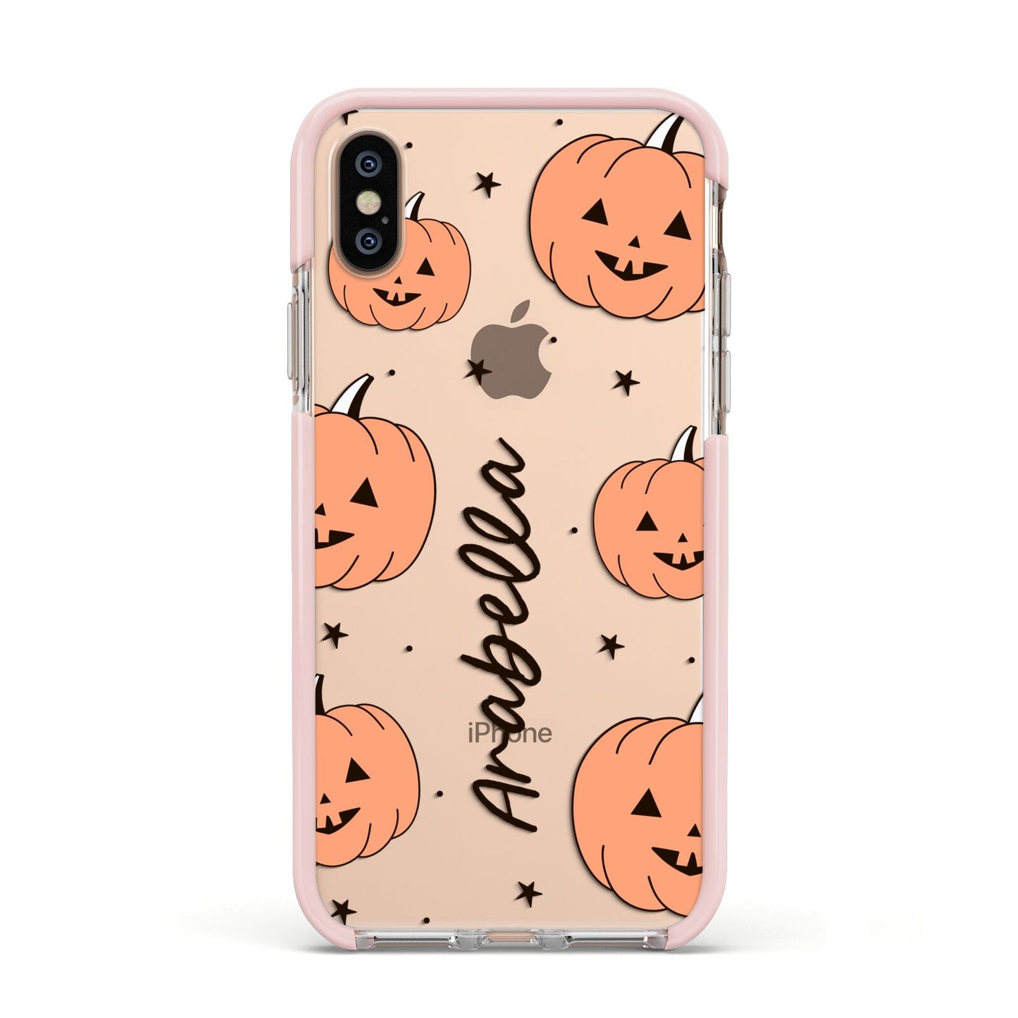 Personalised Orange Pumpkin Apple iPhone Xs Impact Case Pink Edge on Gold Phone