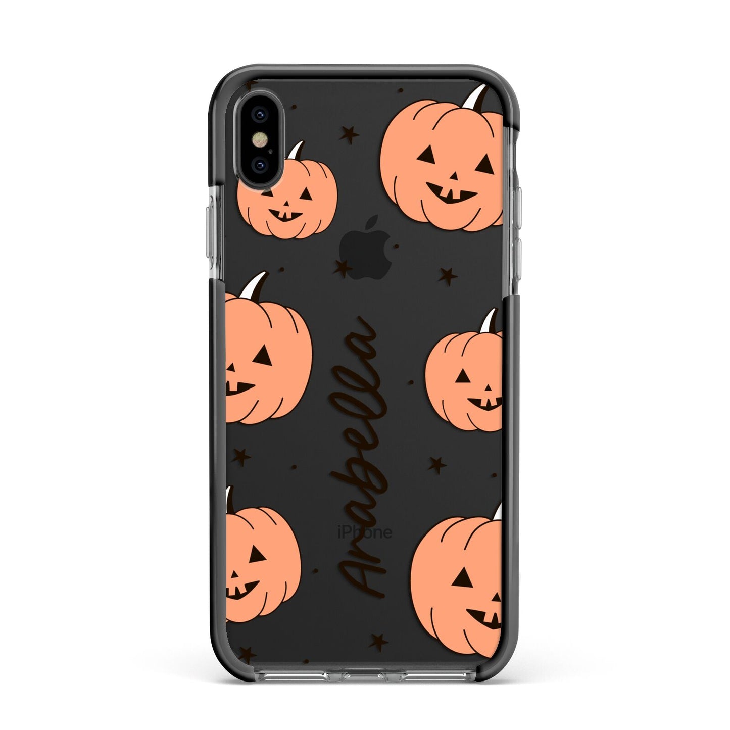Personalised Orange Pumpkin Apple iPhone Xs Max Impact Case Black Edge on Black Phone