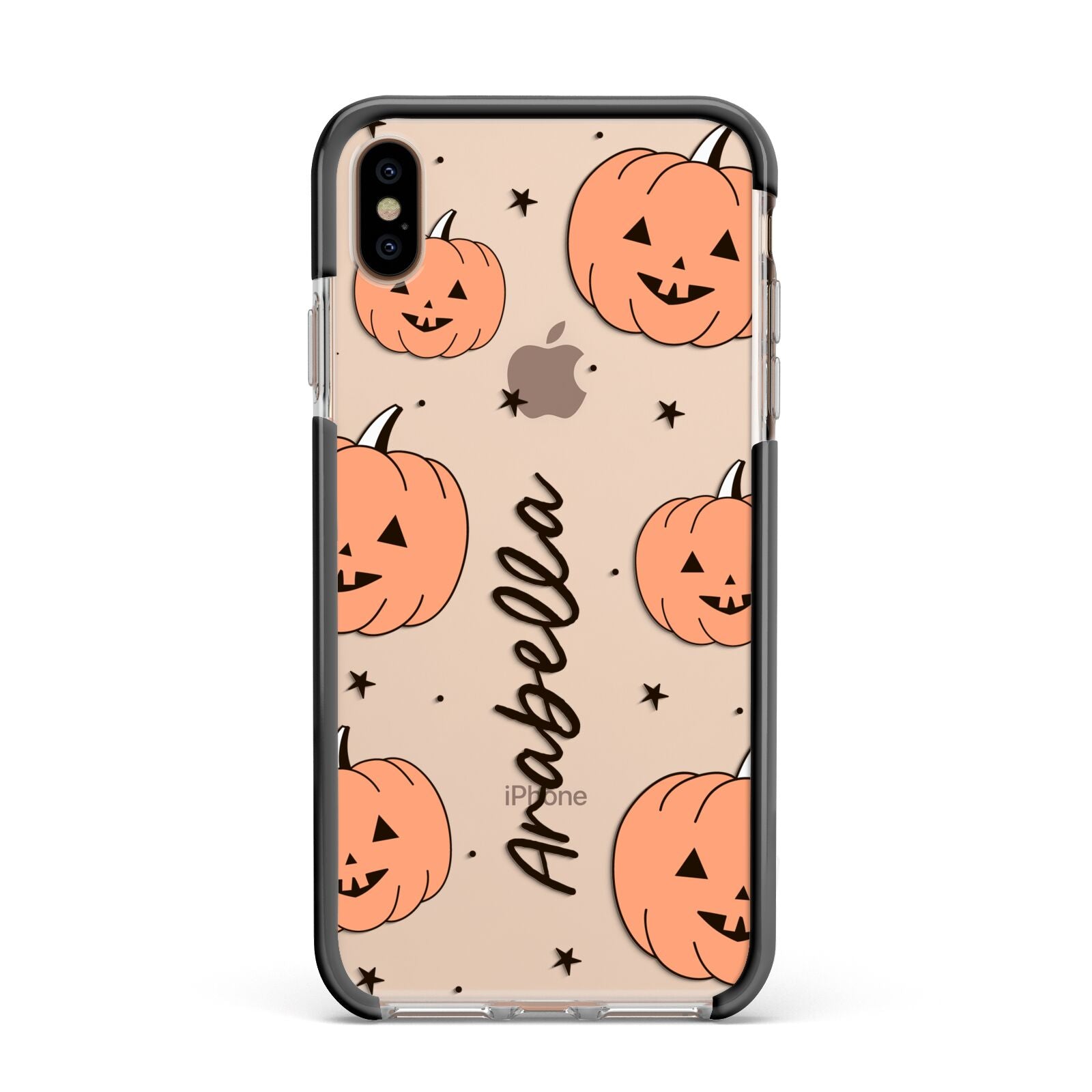Personalised Orange Pumpkin Apple iPhone Xs Max Impact Case Black Edge on Gold Phone