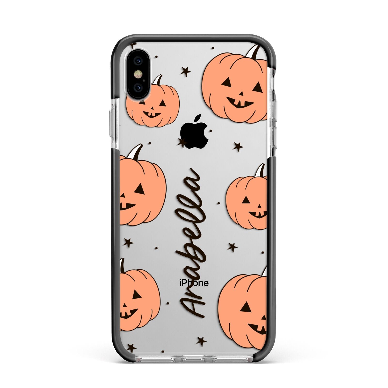 Personalised Orange Pumpkin Apple iPhone Xs Max Impact Case Black Edge on Silver Phone