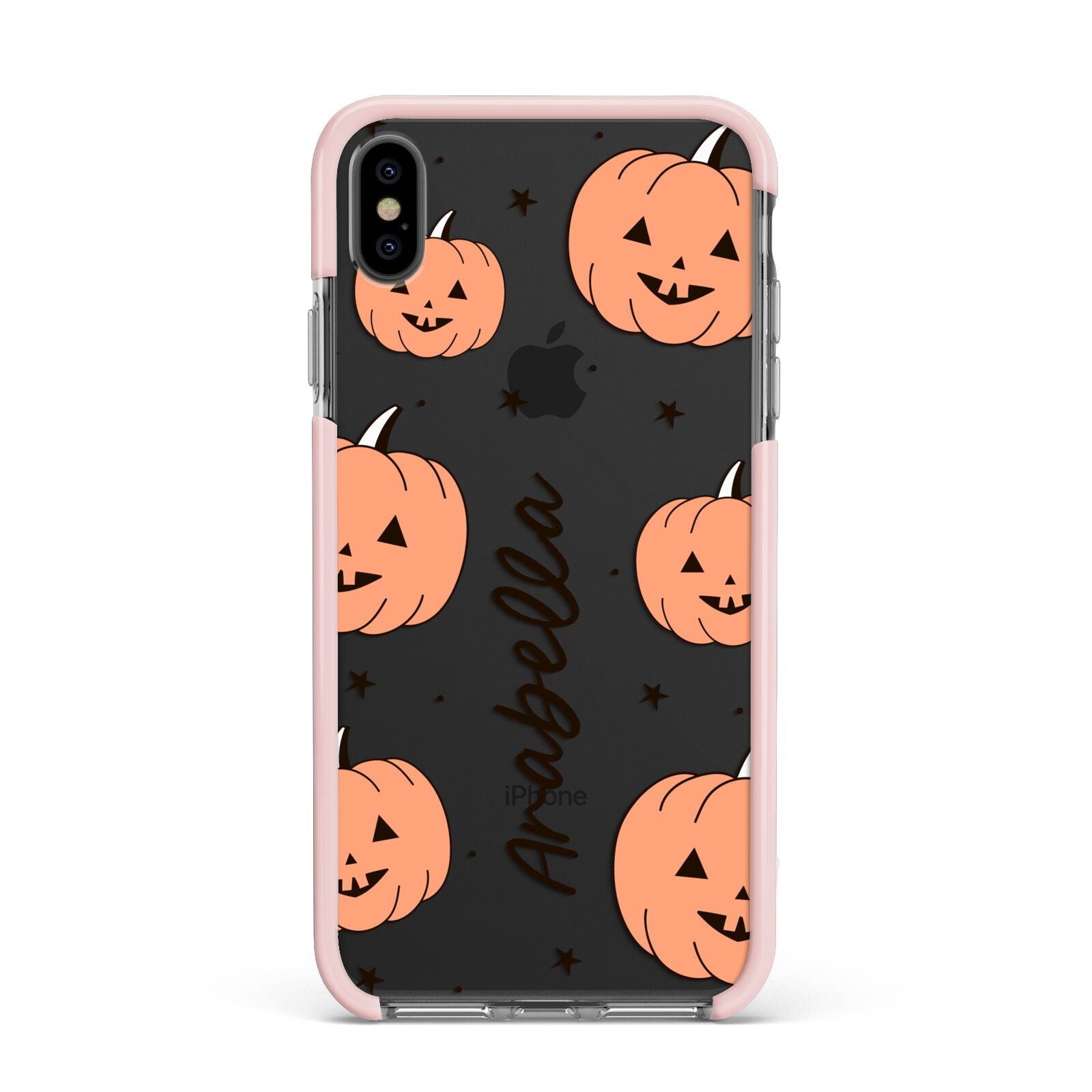 Personalised Orange Pumpkin Apple iPhone Xs Max Impact Case Pink Edge on Black Phone