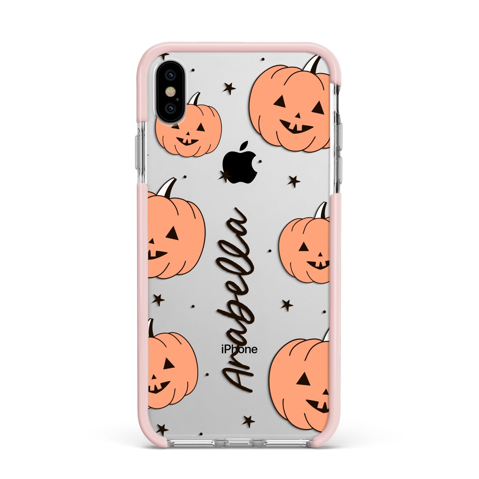 Personalised Orange Pumpkin Apple iPhone Xs Max Impact Case Pink Edge on Silver Phone