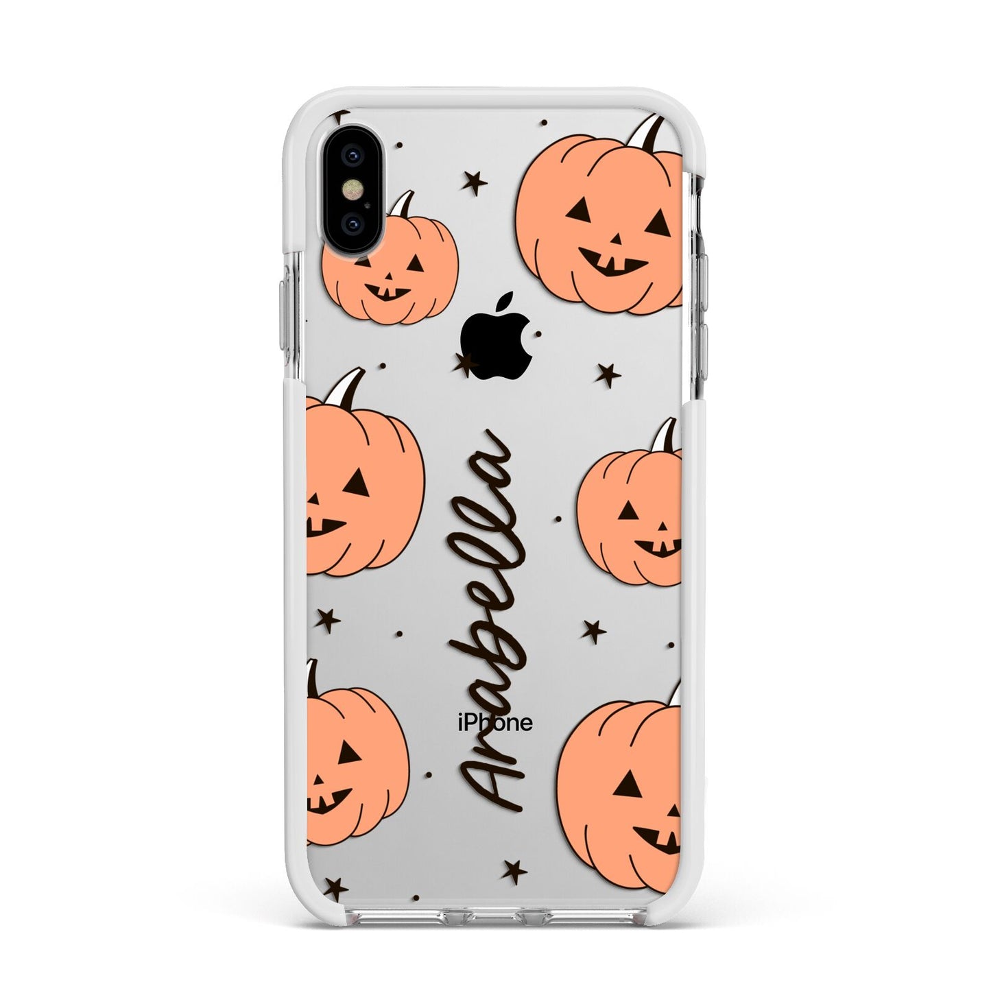 Personalised Orange Pumpkin Apple iPhone Xs Max Impact Case White Edge on Silver Phone