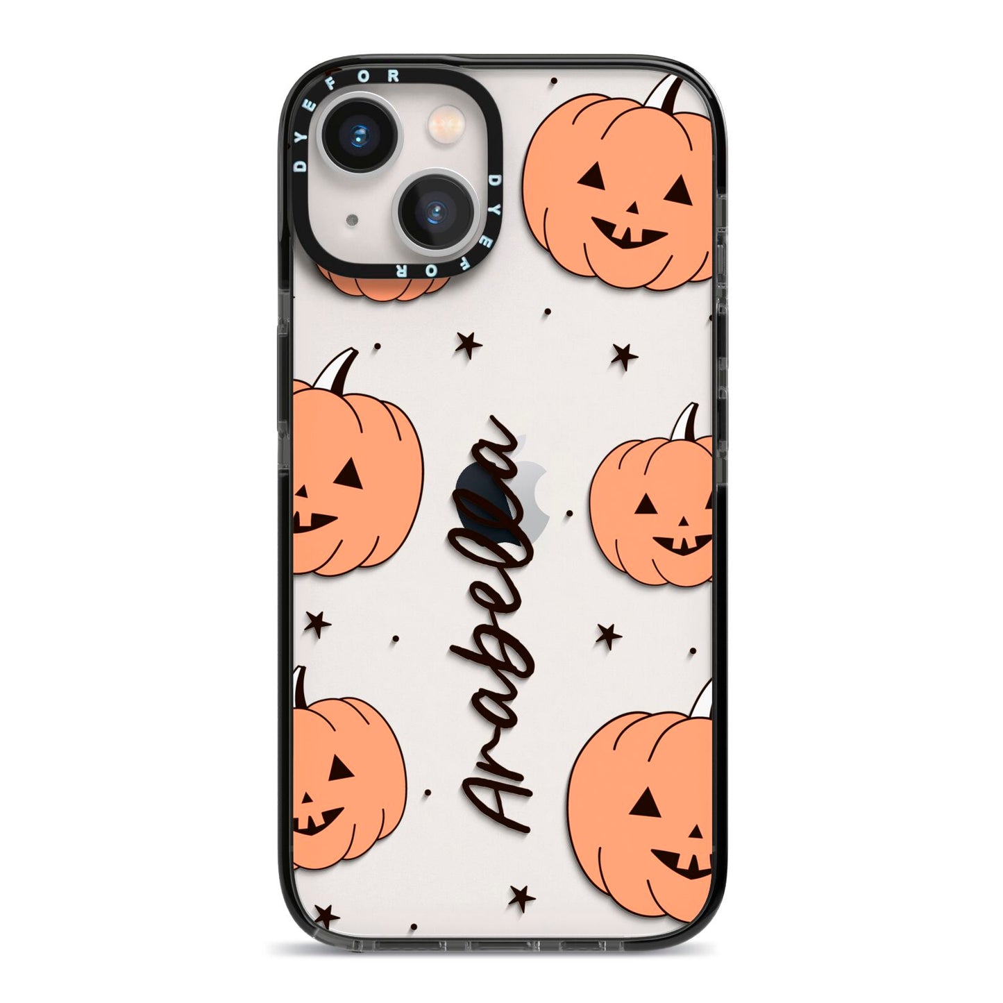 Personalised Orange Pumpkin iPhone 13 Black Impact Case on Silver phone