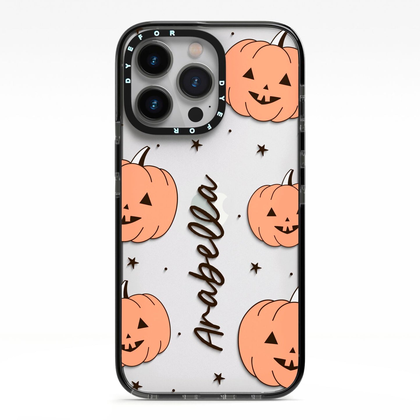 Personalised Orange Pumpkin iPhone 13 Pro Black Impact Case on Silver phone