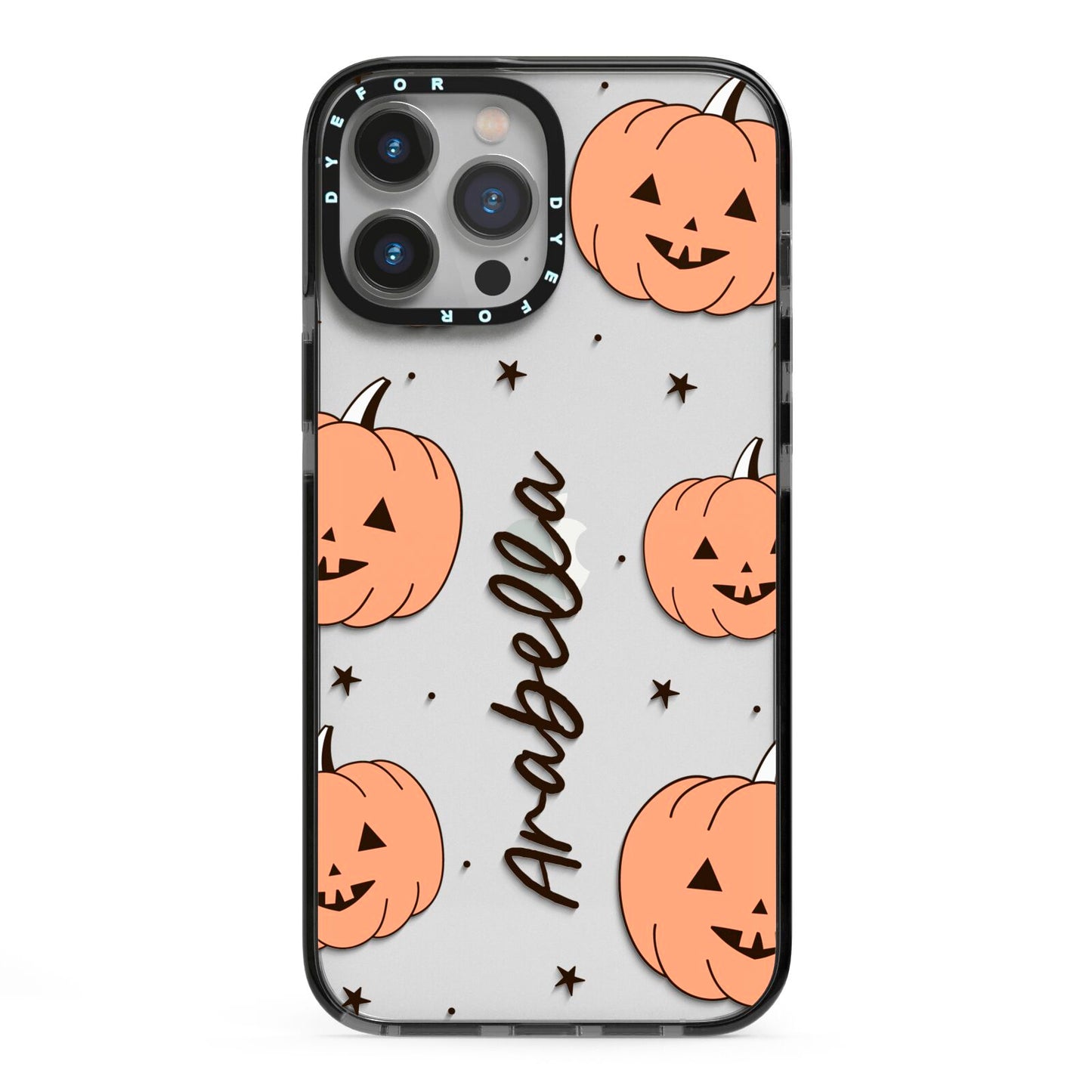 Personalised Orange Pumpkin iPhone 13 Pro Max Black Impact Case on Silver phone