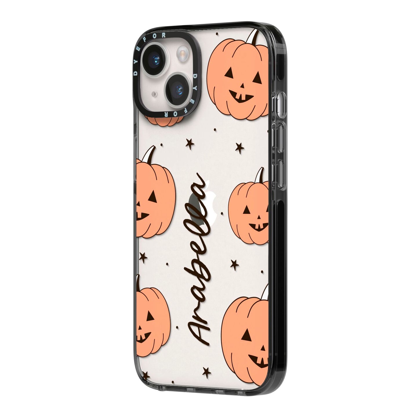 Personalised Orange Pumpkin iPhone 14 Black Impact Case Side Angle on Silver phone