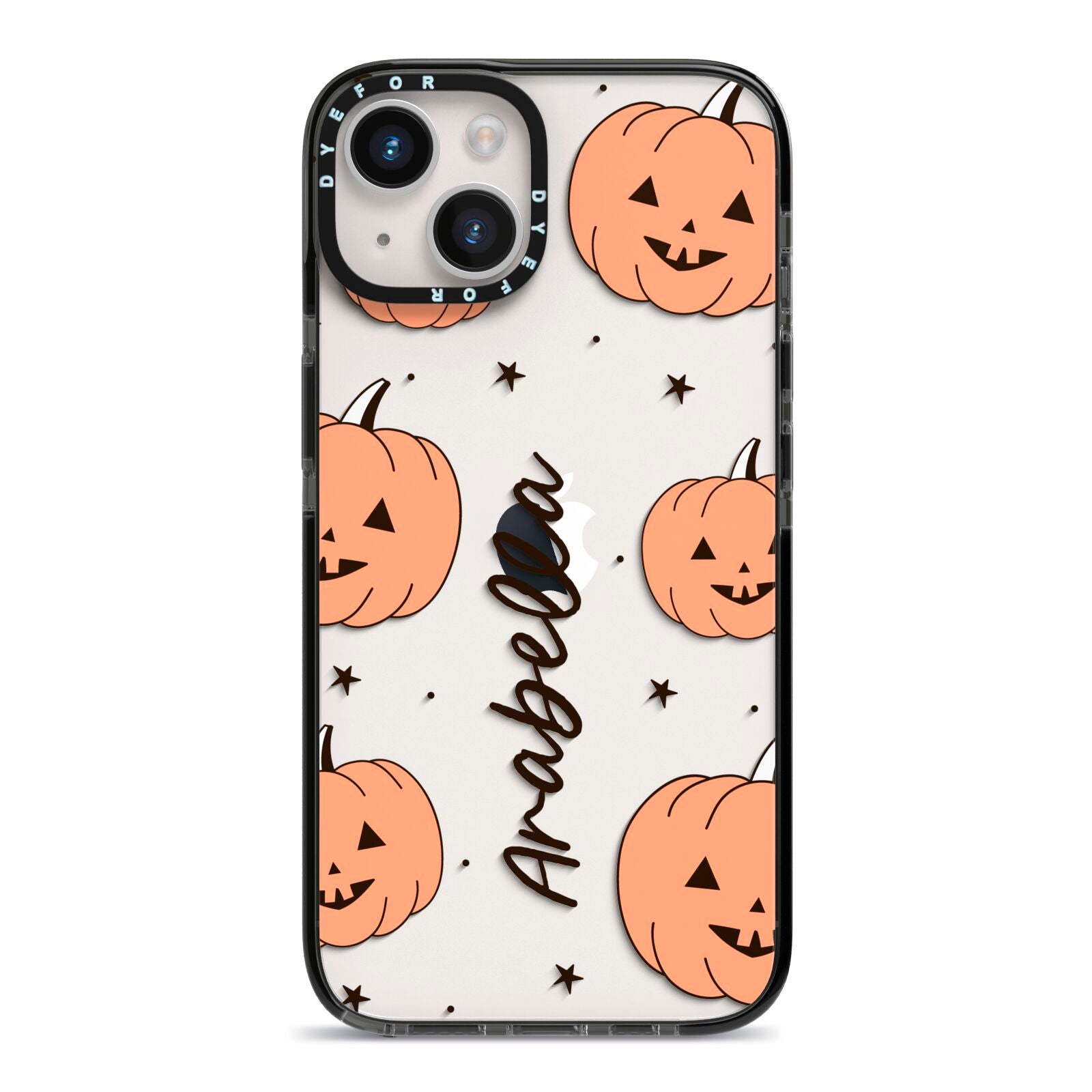 Personalised Orange Pumpkin iPhone 14 Black Impact Case on Silver phone