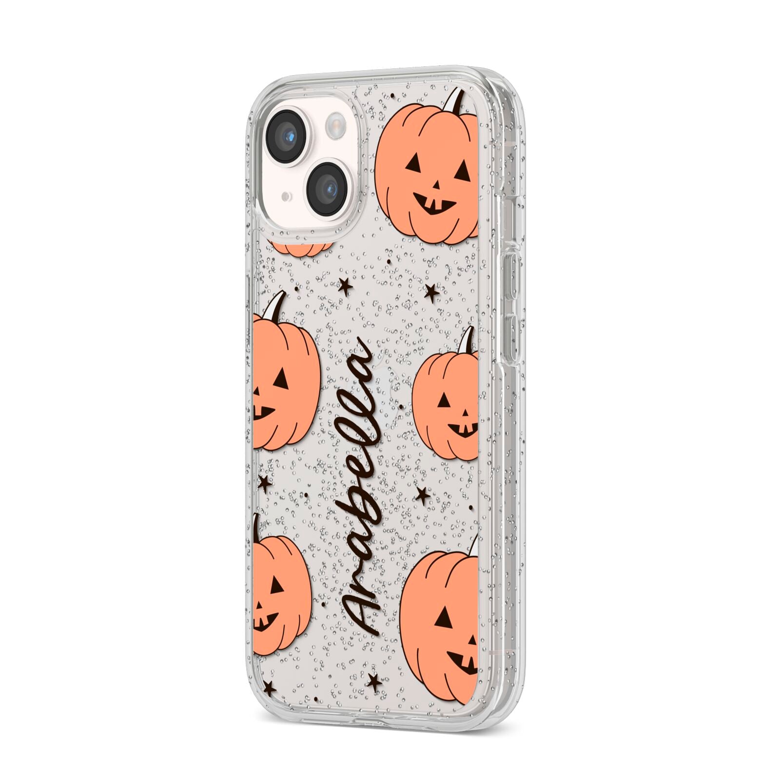 Personalised Orange Pumpkin iPhone 14 Glitter Tough Case Starlight Angled Image