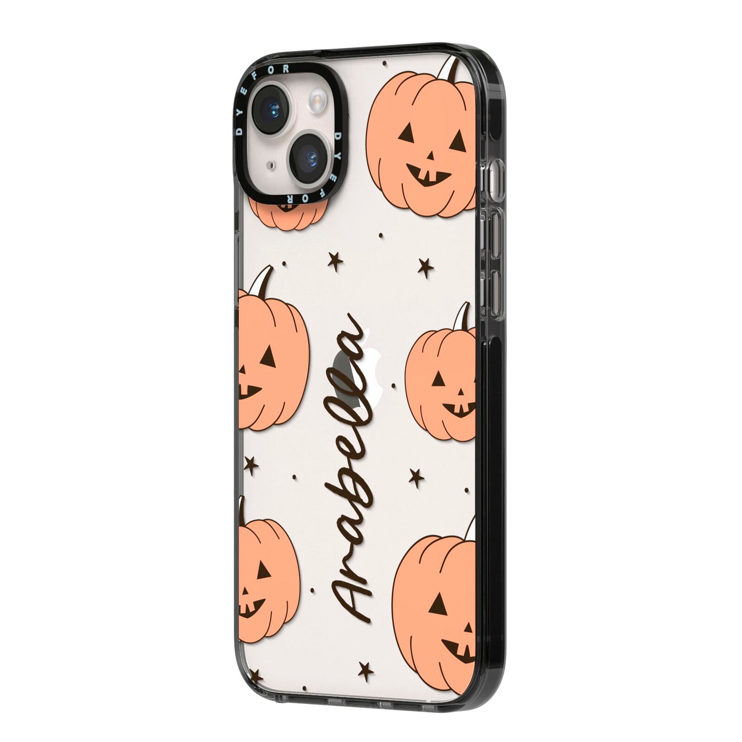 Personalised Orange Pumpkin iPhone 14 Plus Black Impact Case Side Angle on Silver phone
