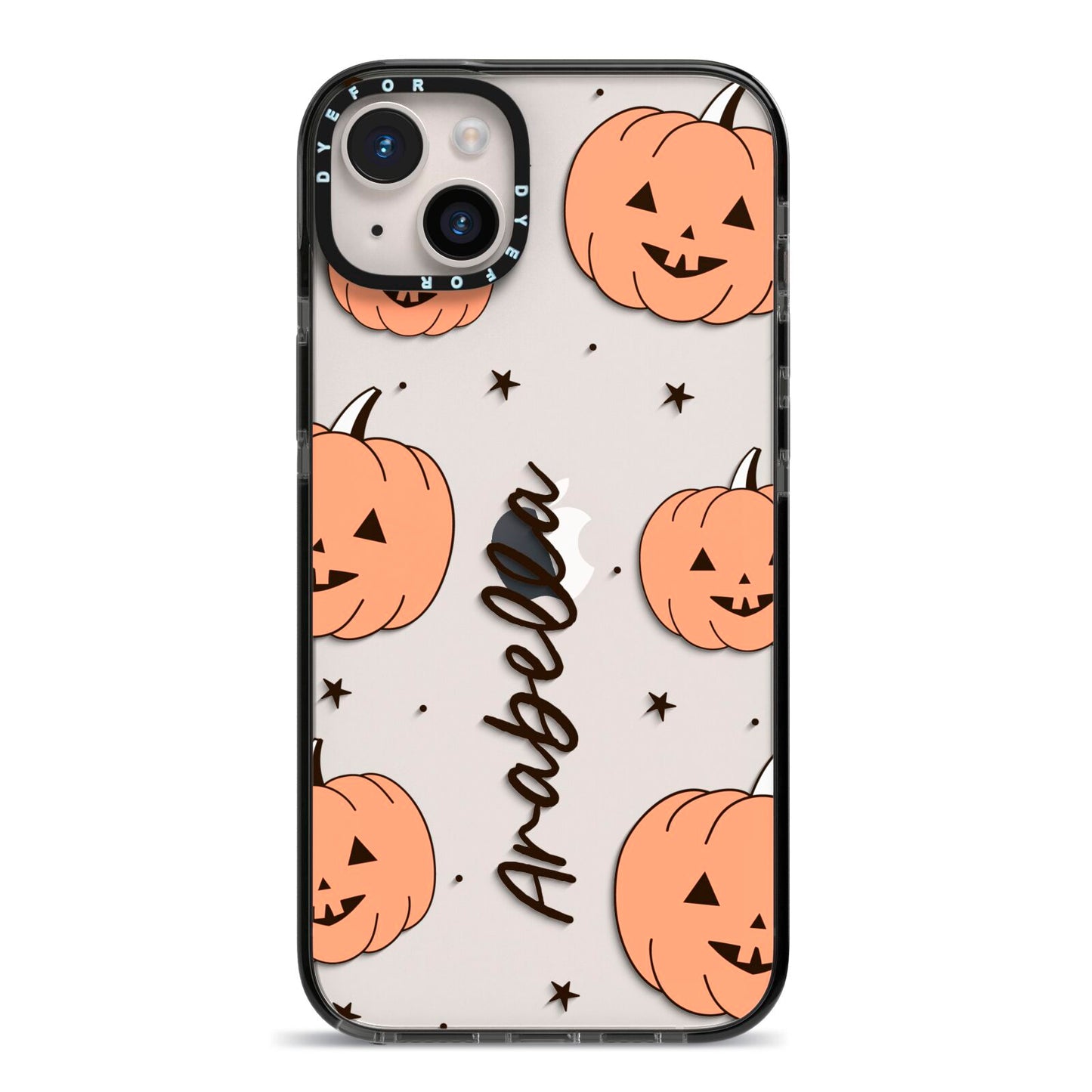 Personalised Orange Pumpkin iPhone 14 Plus Black Impact Case on Silver phone